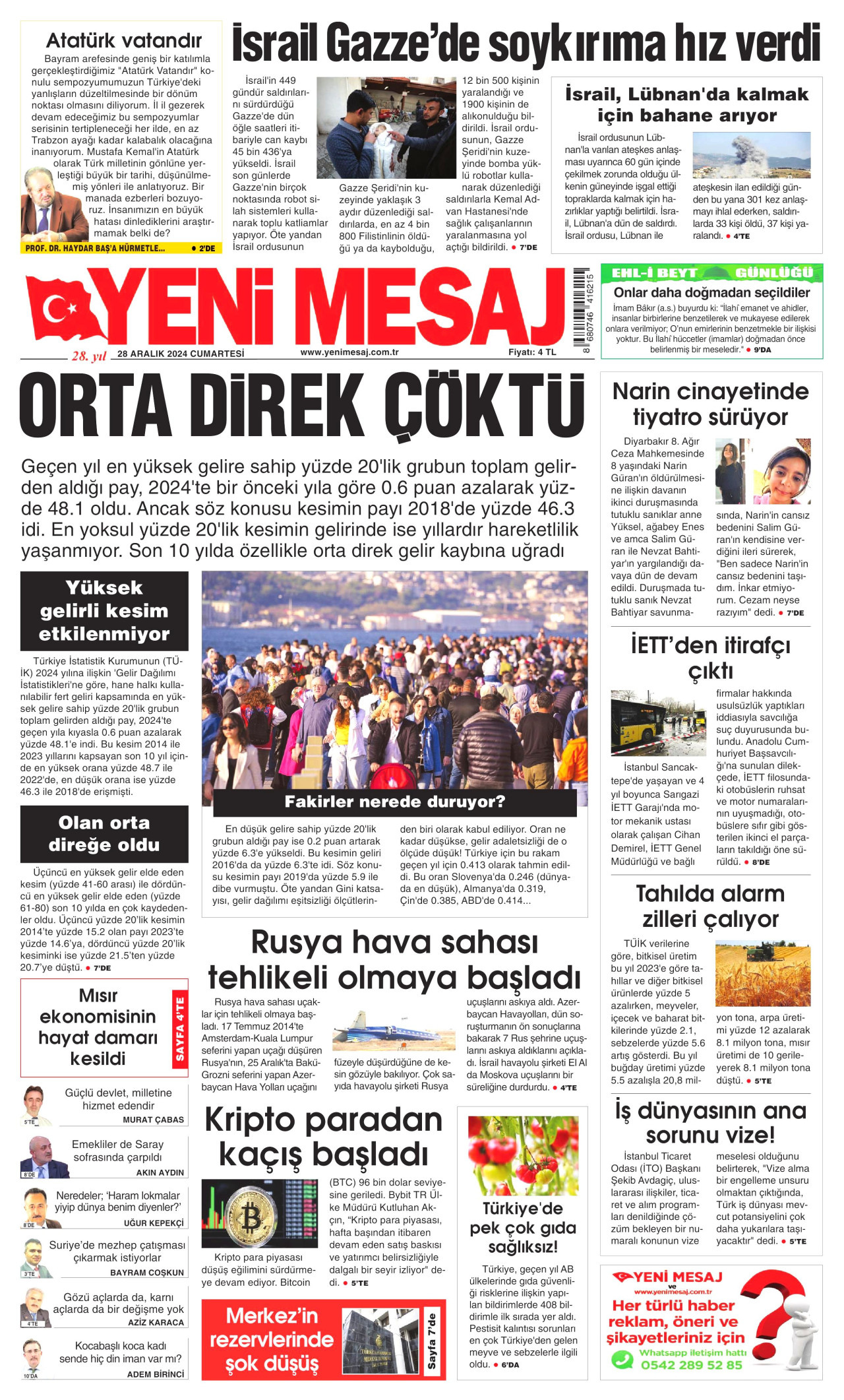 YENİ MESAJ gazetesinin 28 Aralık 2024 tarihli birinci sayfası