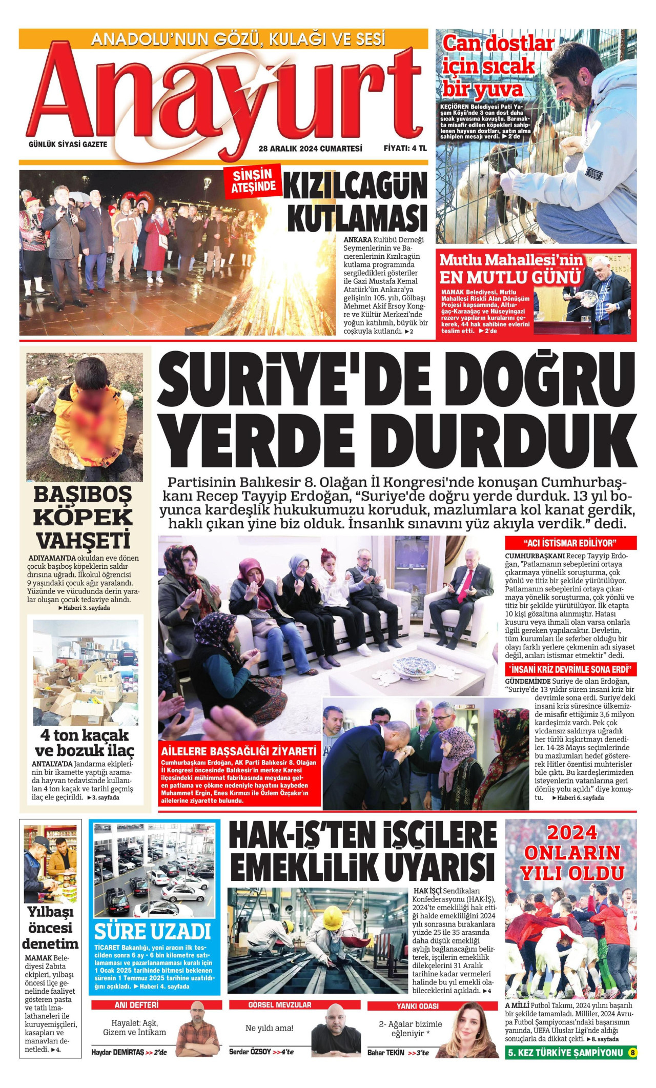 ANAYURT gazetesinin 28 Aralık 2024 tarihli birinci sayfası