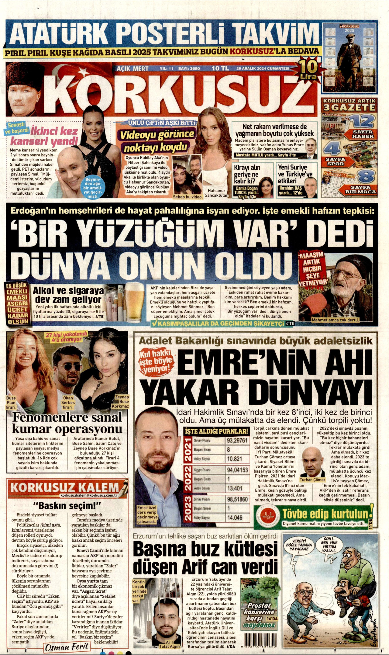 KORKUSUZ gazetesinin 28 Aralık 2024 tarihli birinci sayfası