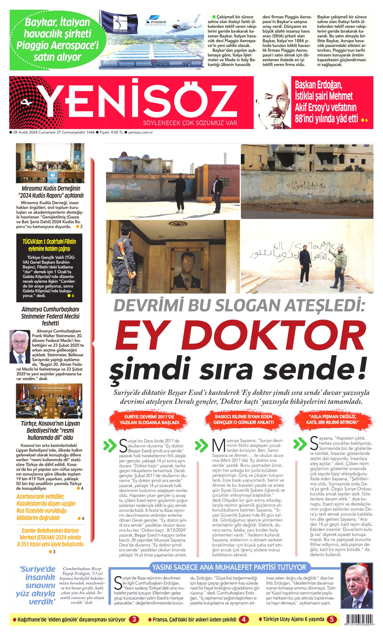 YENİ SÖZ GAZETESİ gazetesinin 28 Aralık 2024 tarihli birinci sayfası