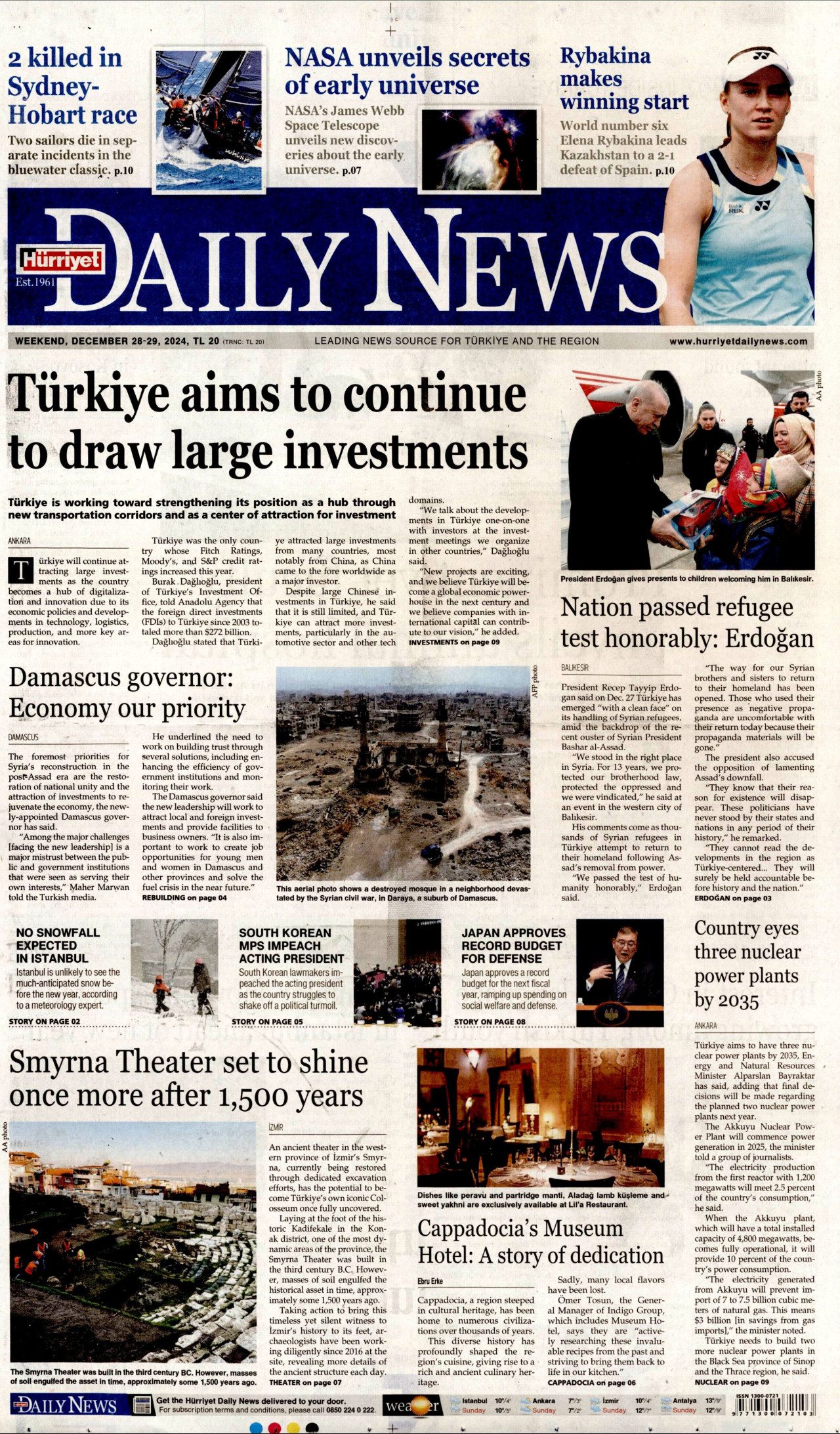 HÜRRİYET DAİLY NEWS gazetesinin 28 Aralık 2024 tarihli birinci sayfası