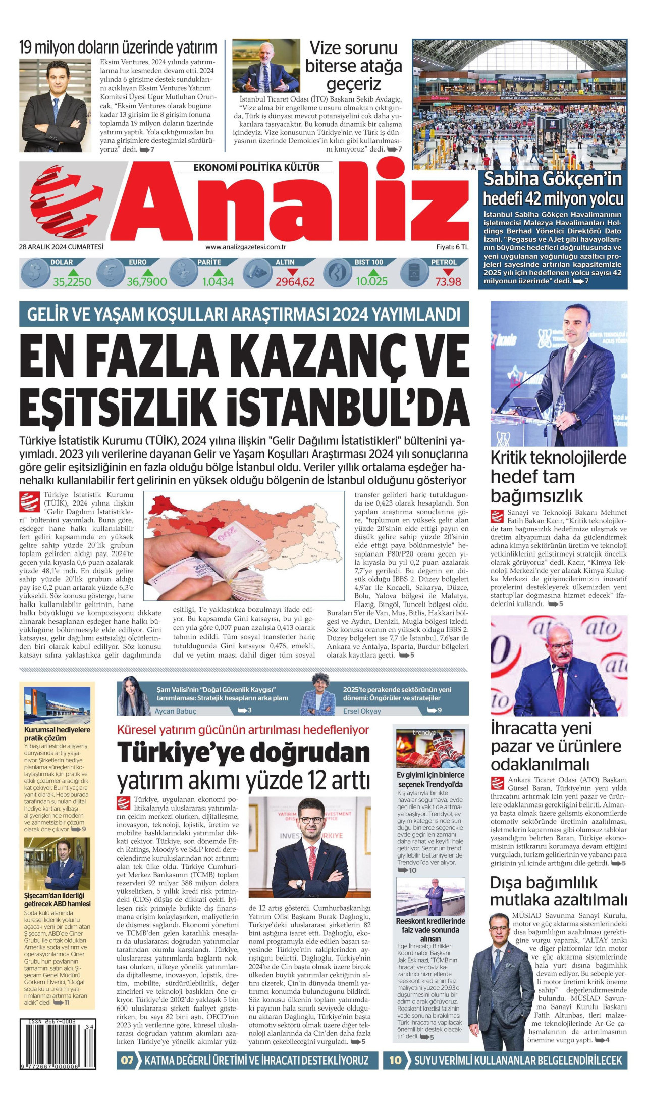 ANALİZ gazetesinin 28 Aralık 2024 tarihli birinci sayfası