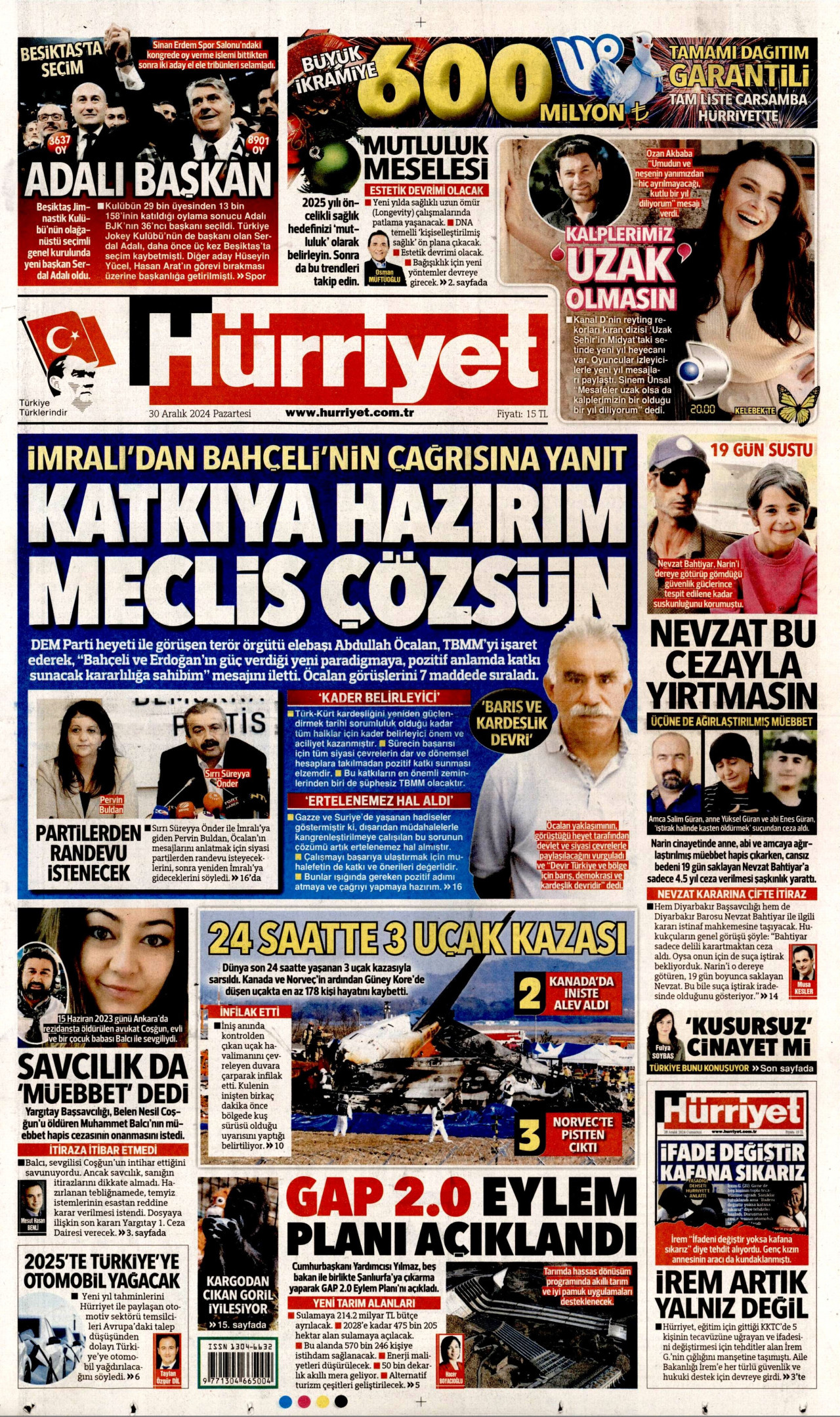 HÜRRİYET gazetesinin 30 Aralık 2024 tarihli birinci sayfası