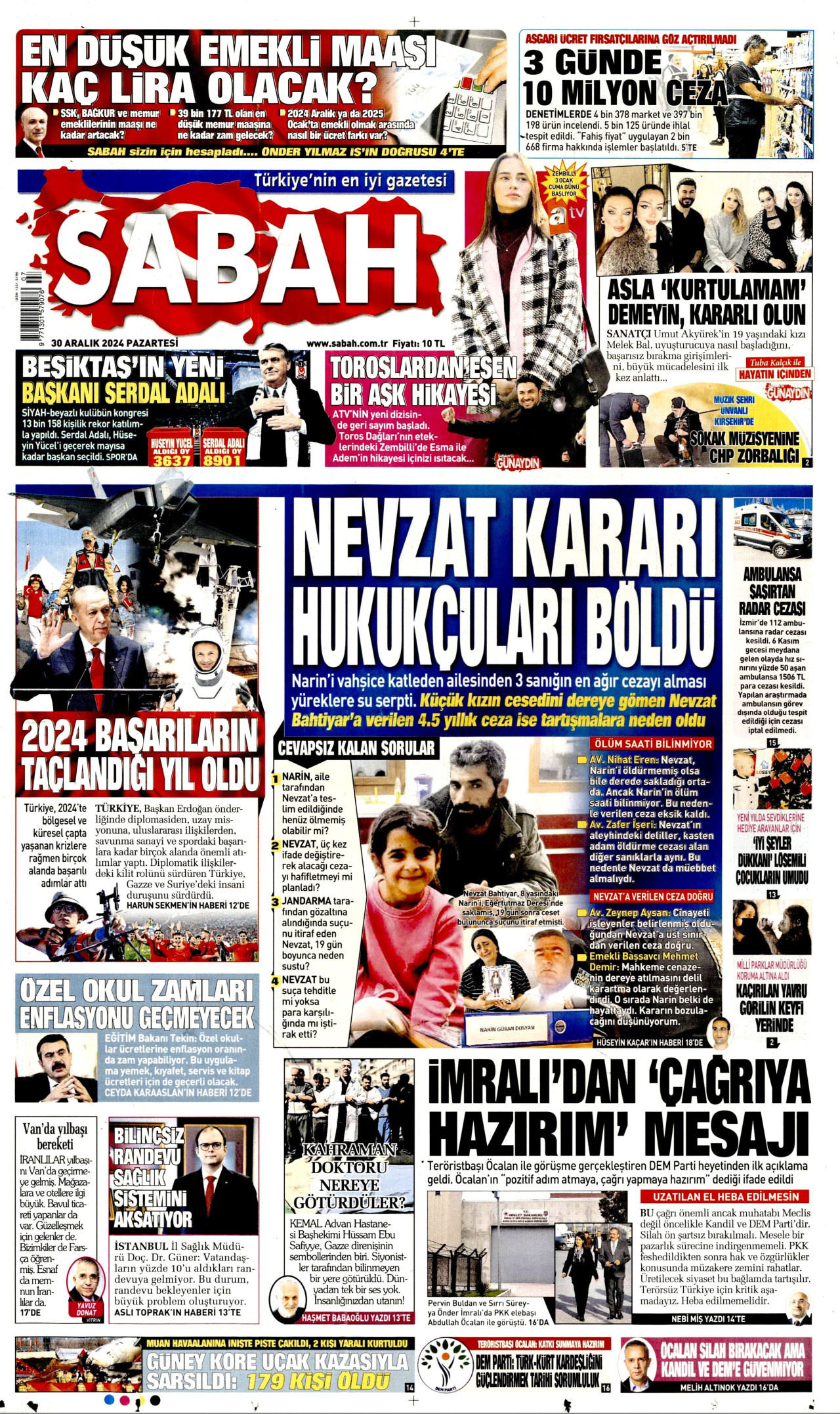SABAH gazetesinin 30 Aralık 2024 tarihli birinci sayfası