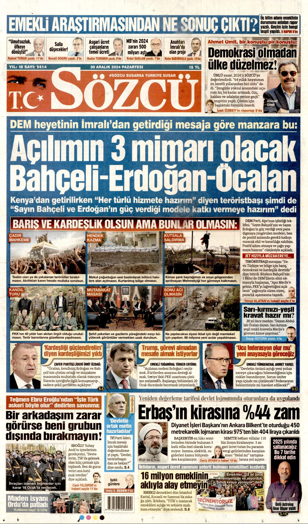 SÖZCÜ gazetesinin 30 Aralık 2024 tarihli birinci sayfası
