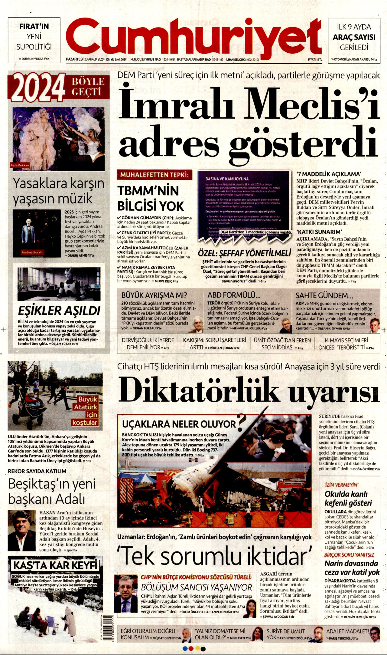 CUMHURİYET gazetesinin 30 Aralık 2024 tarihli birinci sayfası