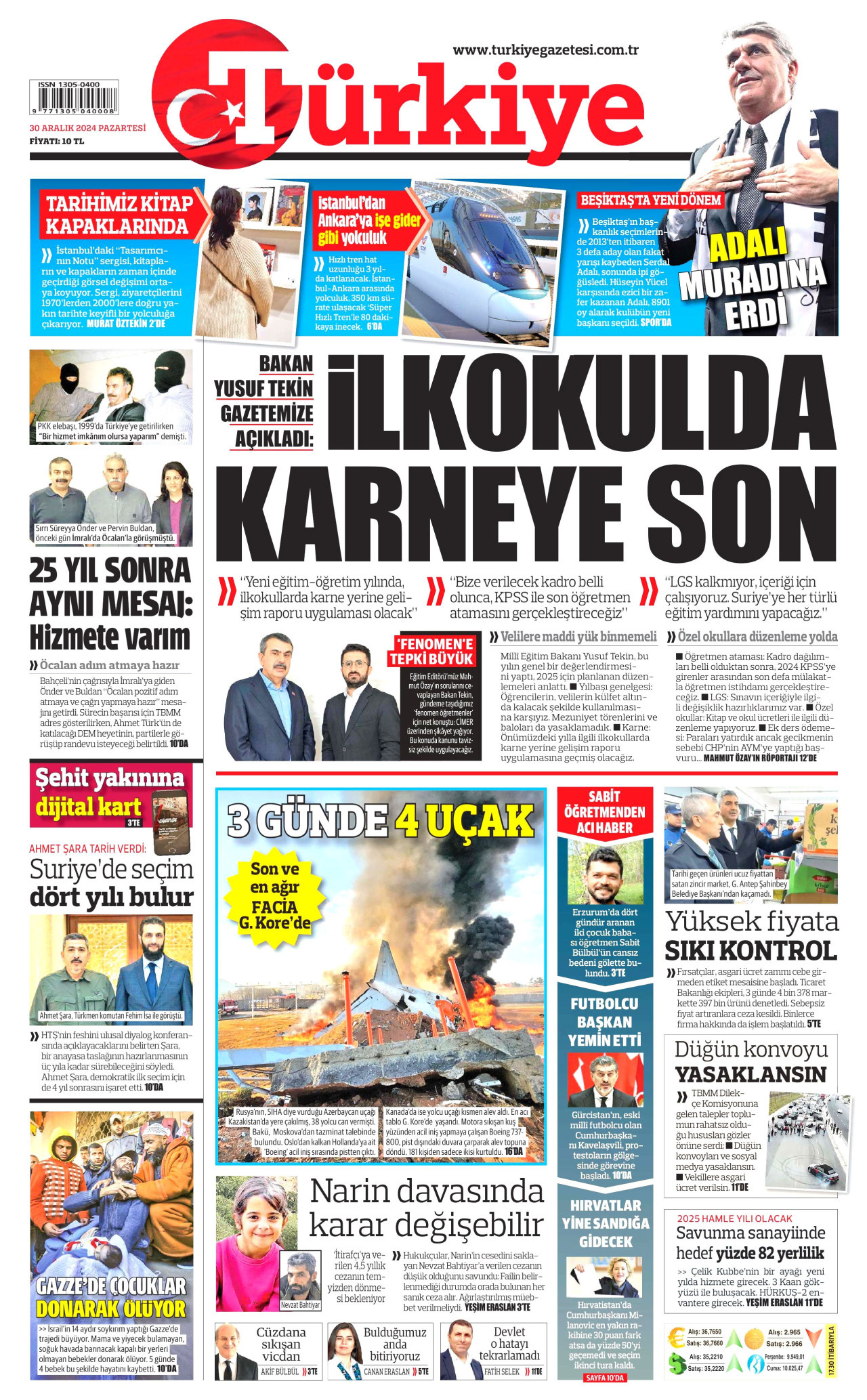 TÜRKİYE GAZETESİ gazetesinin 30 Aralık 2024 tarihli birinci sayfası