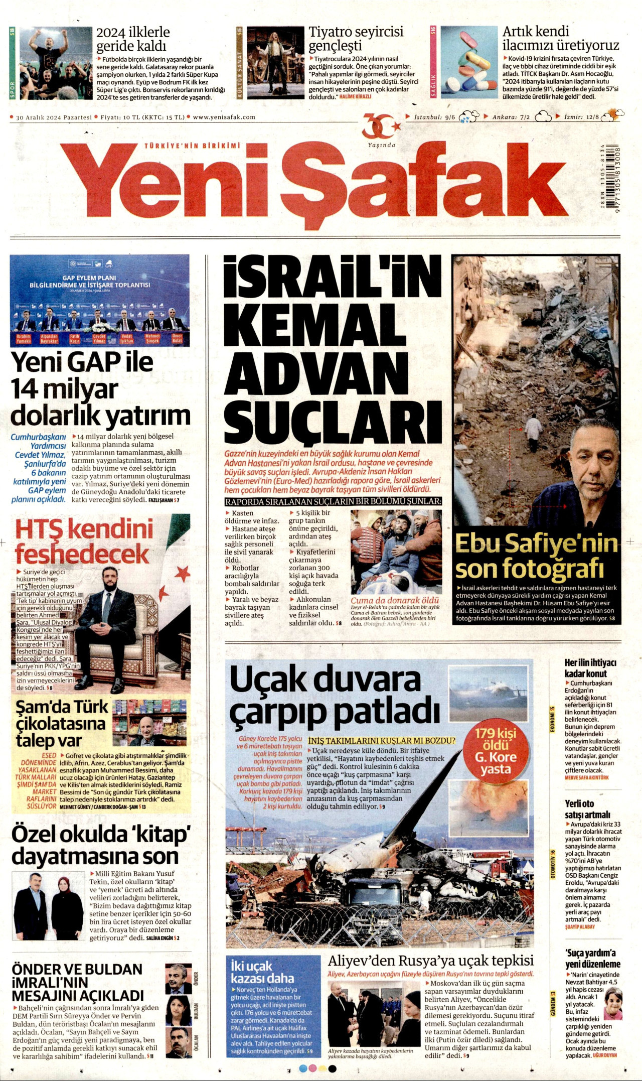 YENİ ŞAFAK gazetesinin 30 Aralık 2024 tarihli birinci sayfası