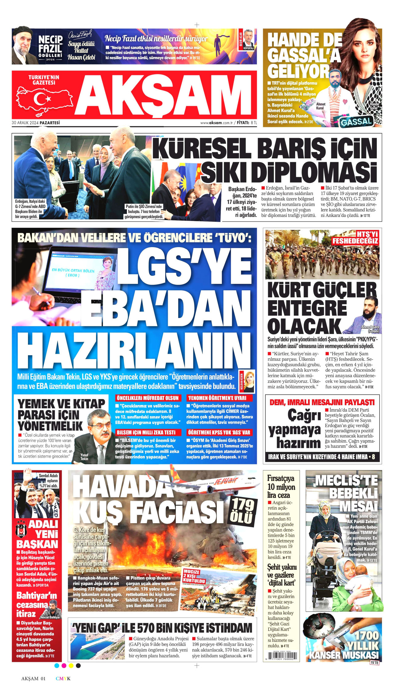 AKŞAM gazetesinin 30 Aralık 2024 tarihli birinci sayfası