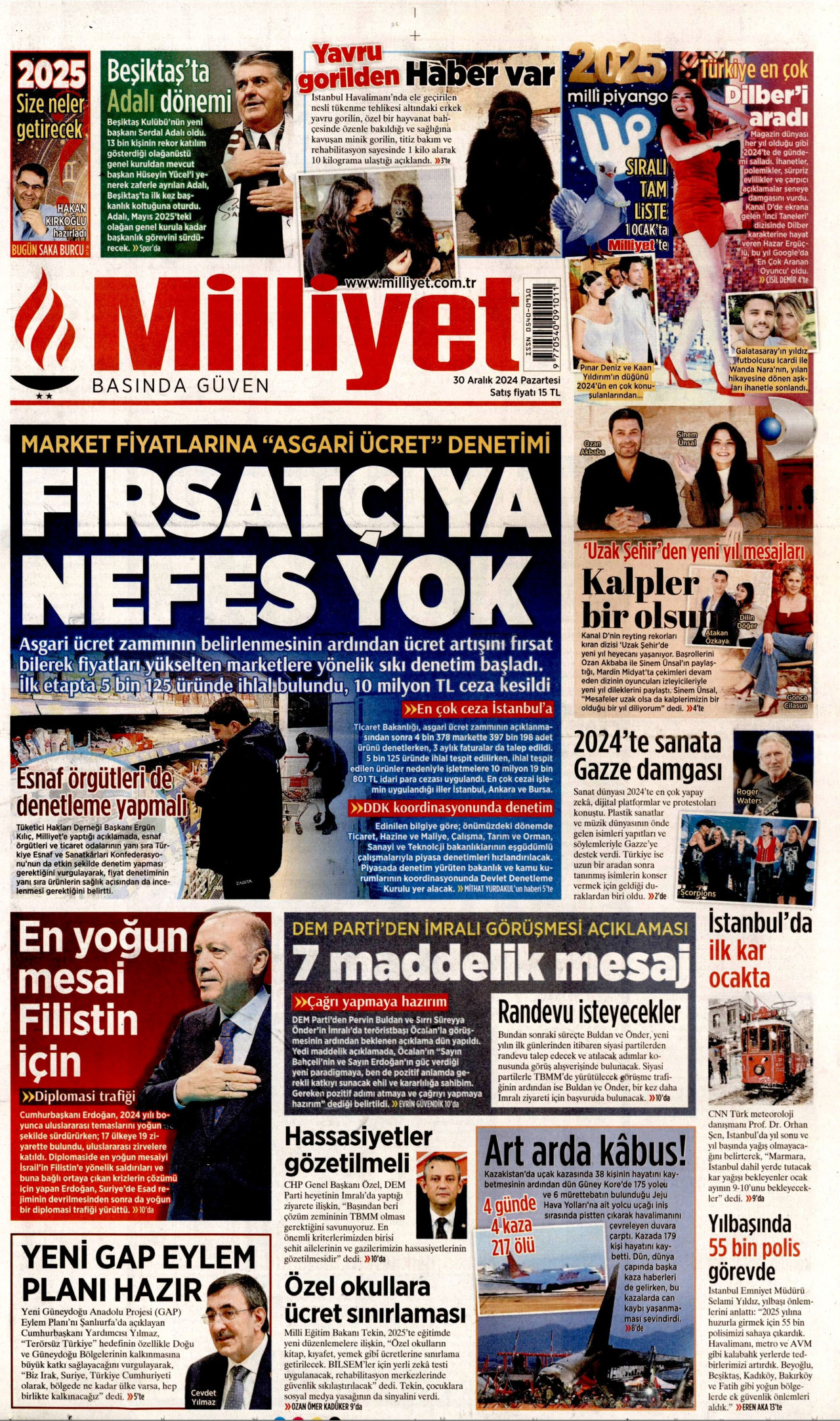 MİLLİYET gazetesinin 30 Aralık 2024 tarihli birinci sayfası