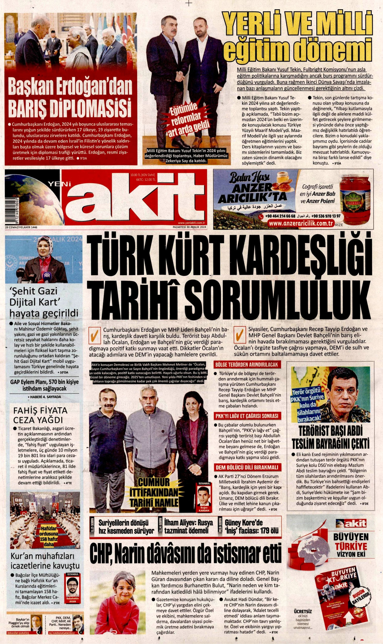 YENİ AKİT gazetesinin 30 Aralık 2024 tarihli birinci sayfası