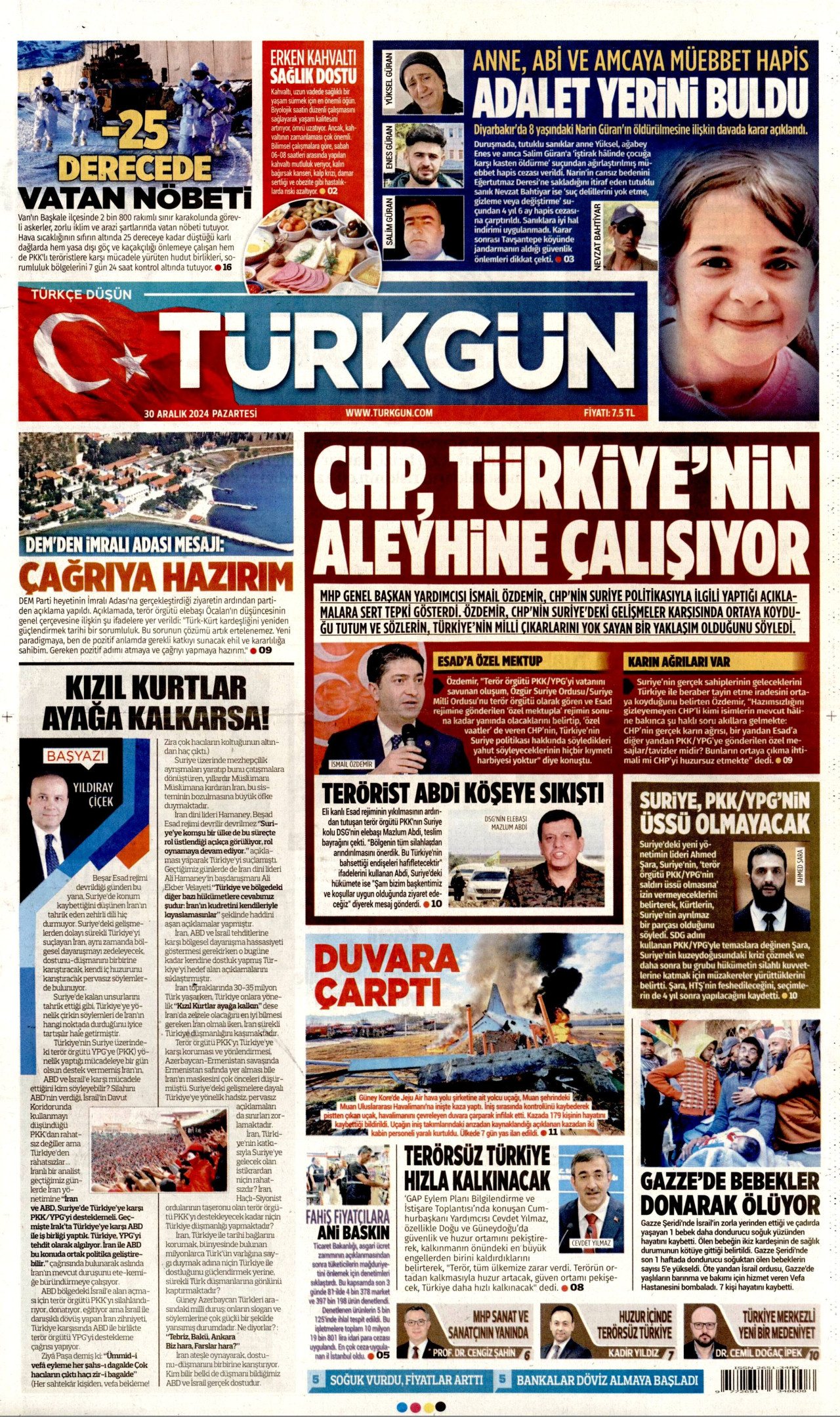 TÜRKGÜN gazetesinin 30 Aralık 2024 tarihli birinci sayfası