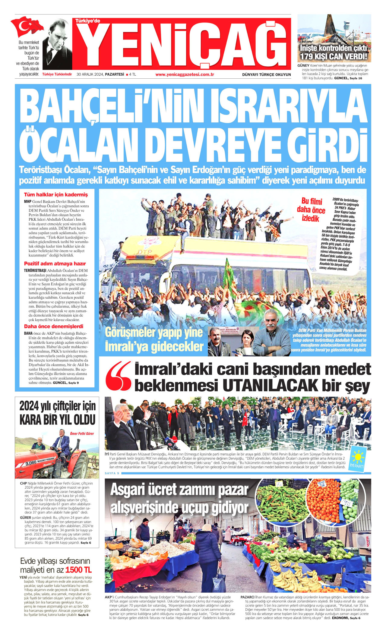 YENİÇAĞ gazetesinin 30 Aralık 2024 tarihli birinci sayfası