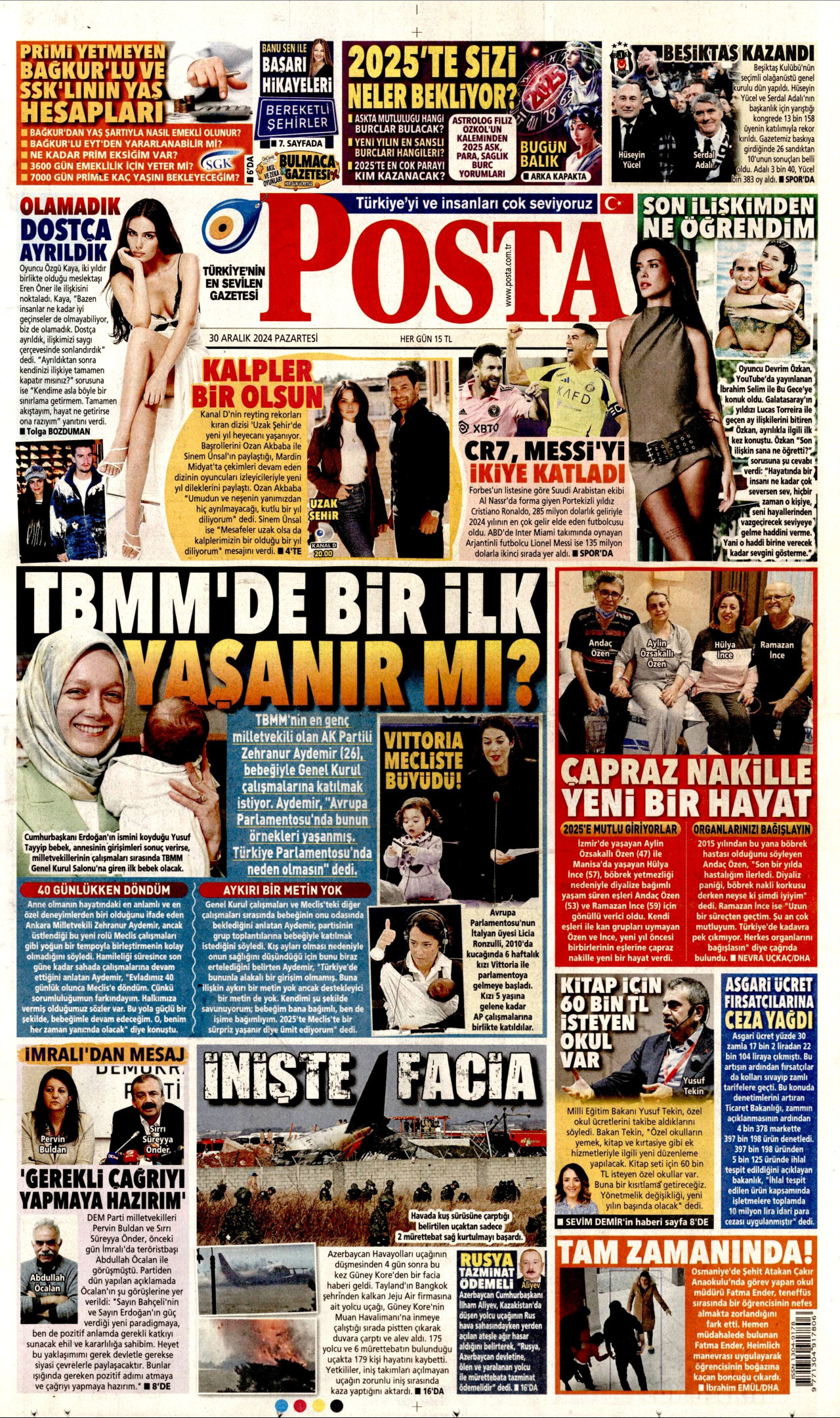 POSTA gazetesinin 30 Aralık 2024 tarihli birinci sayfası