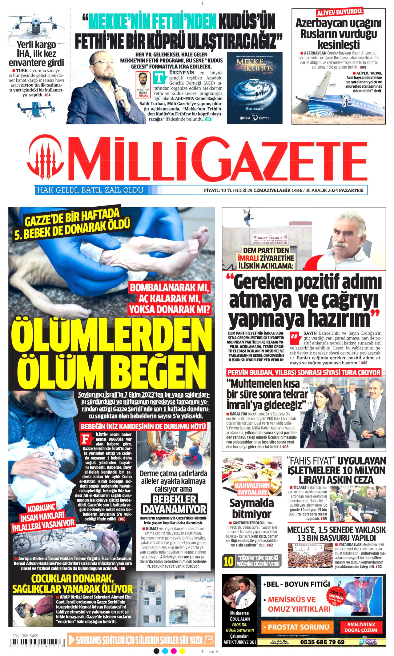 MİLLİ GAZETE gazetesinin 30 Aralık 2024 tarihli birinci sayfası