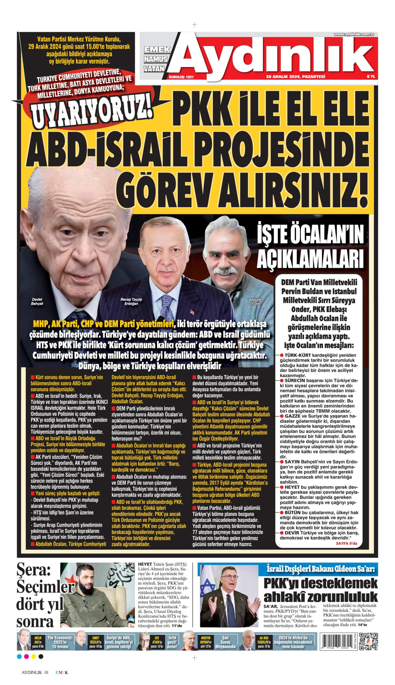 AYDINLIK GAZETESİ gazetesinin 30 Aralık 2024 tarihli birinci sayfası