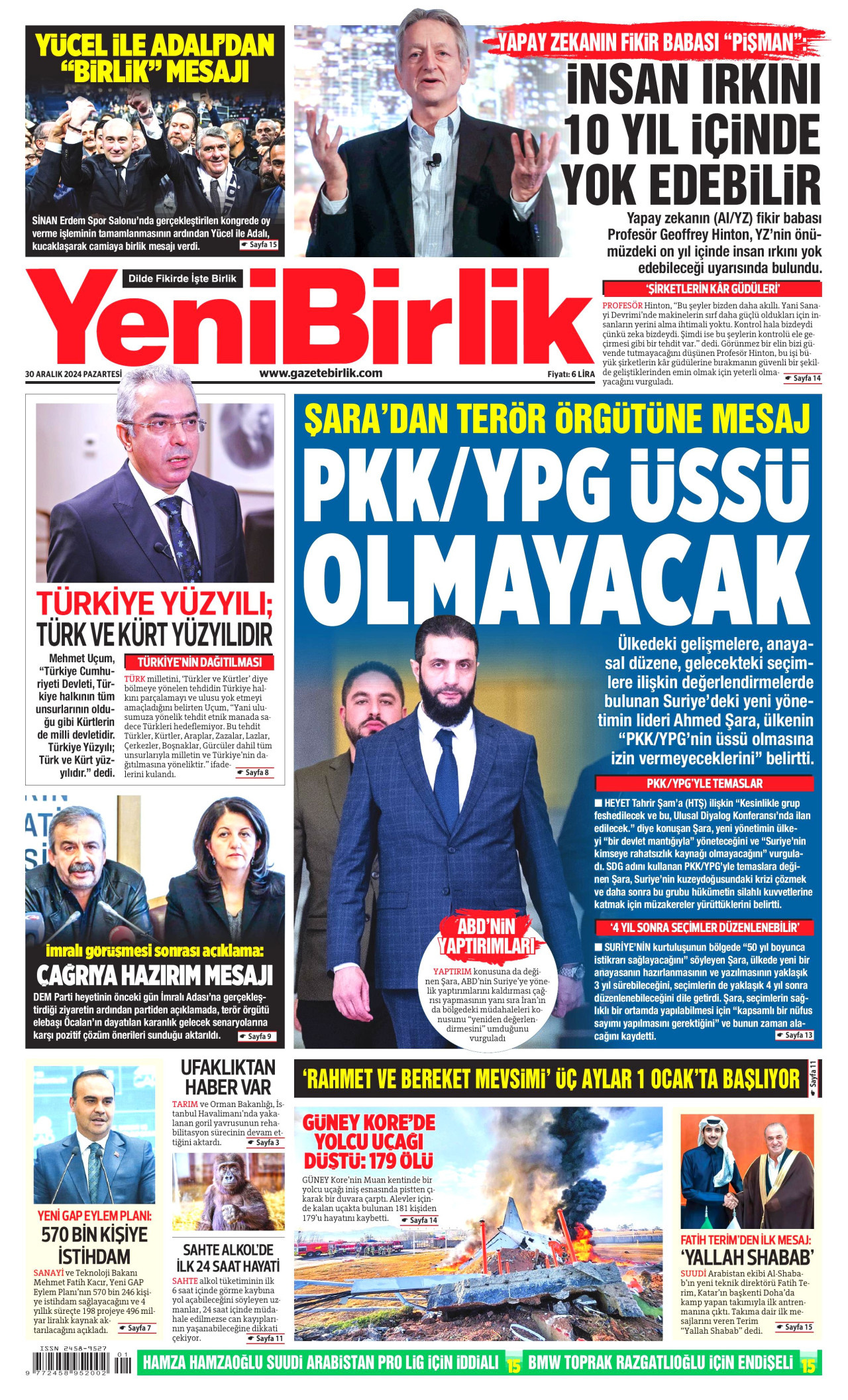 YENİBİRLİK gazetesinin 30 Aralık 2024 tarihli birinci sayfası