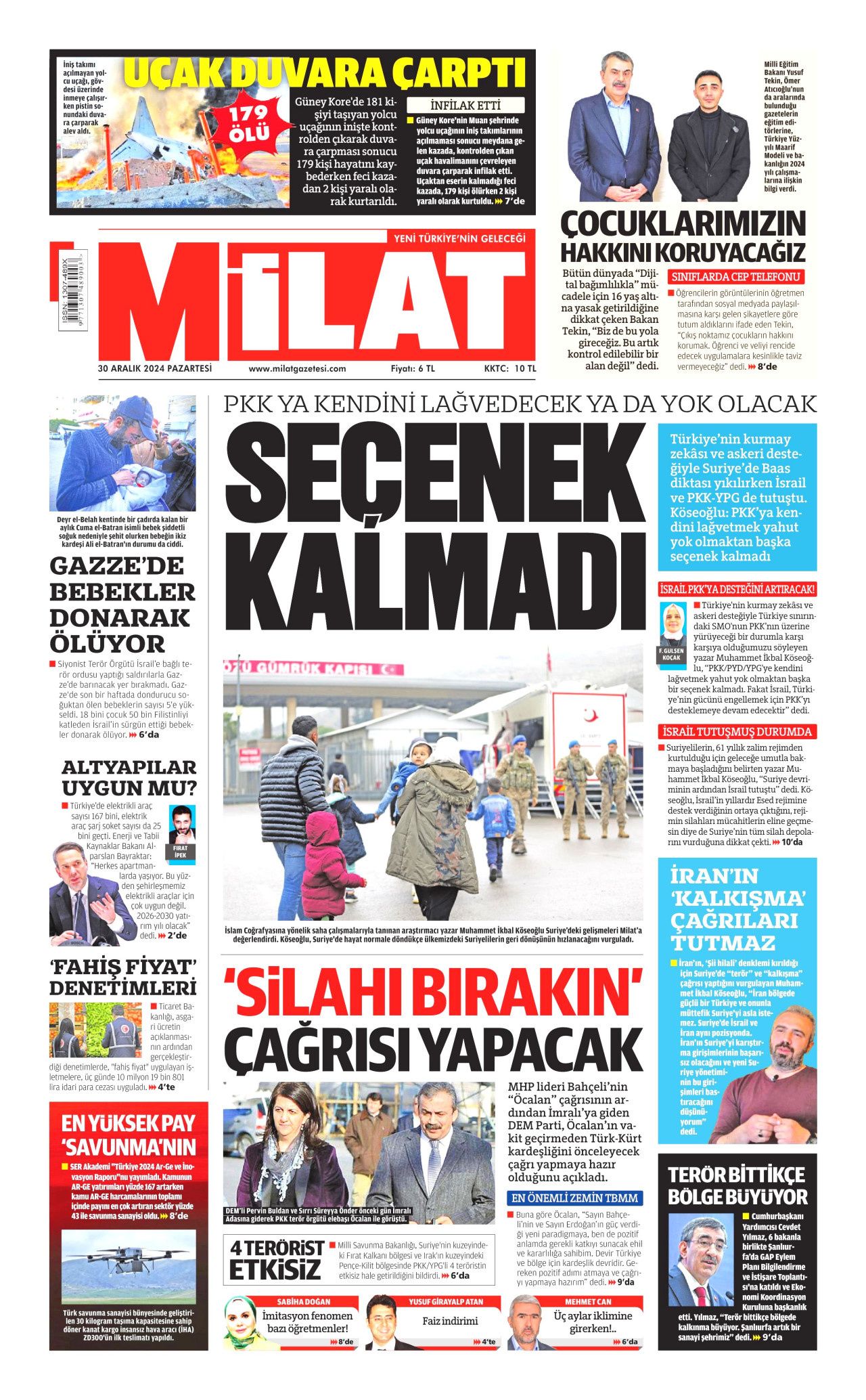 MİLAT gazetesinin 30 Aralık 2024 tarihli birinci sayfası