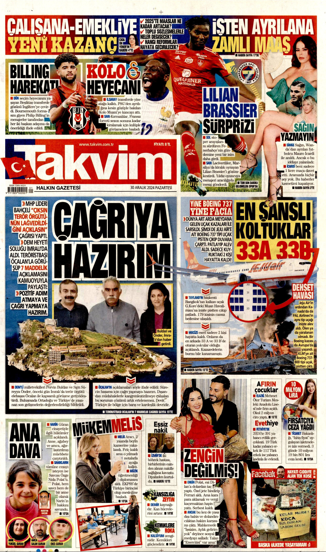 TAKVİM gazetesinin 30 Aralık 2024 tarihli birinci sayfası