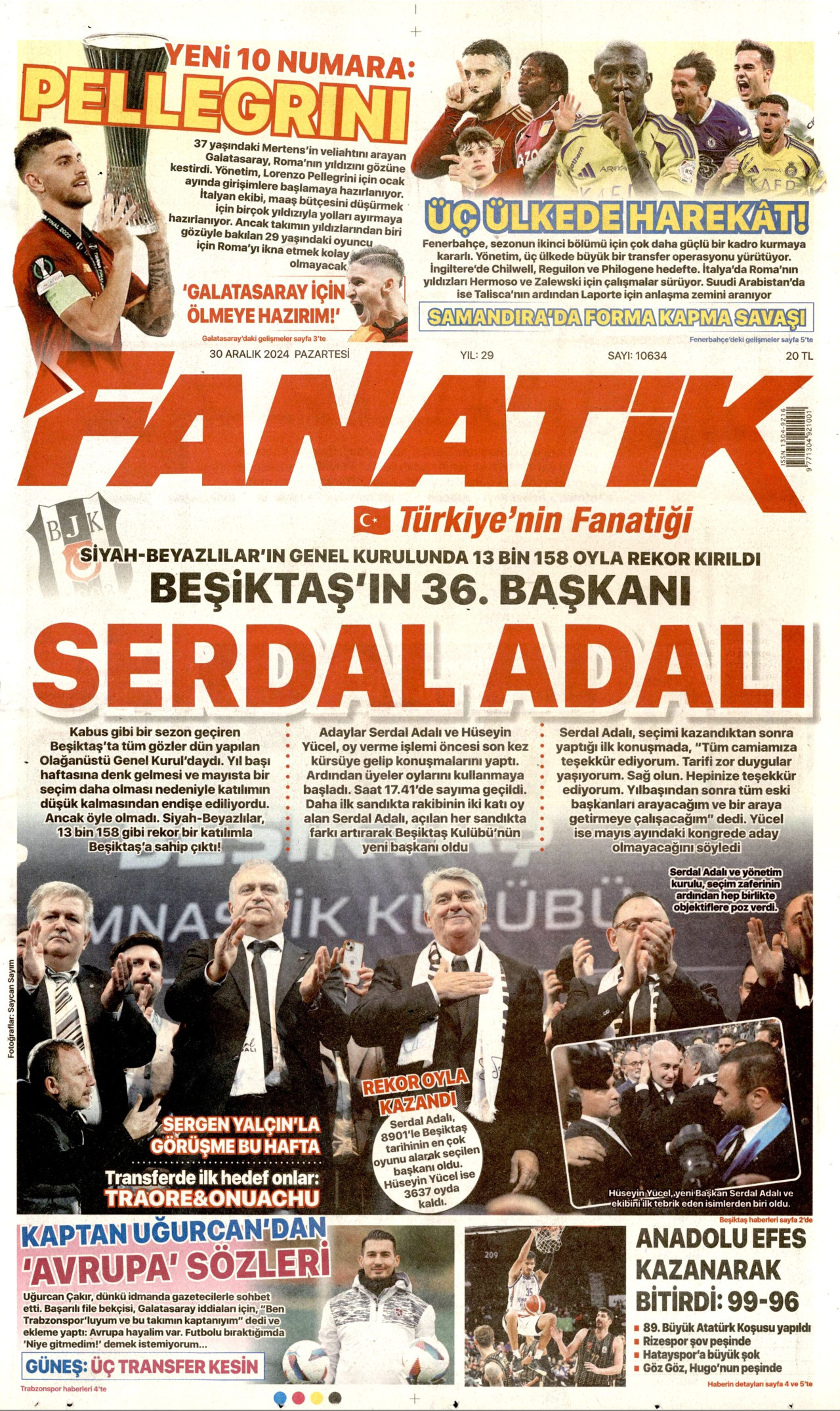FANATİK gazetesinin 30 Aralık 2024 tarihli birinci sayfası