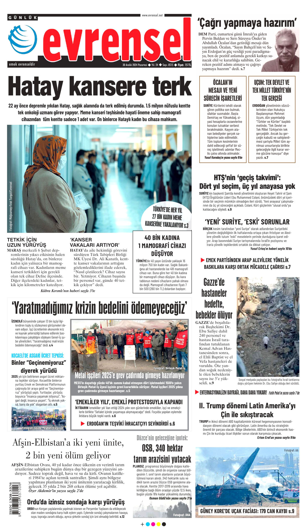 EVRENSEL gazetesinin 30 Aralık 2024 tarihli birinci sayfası