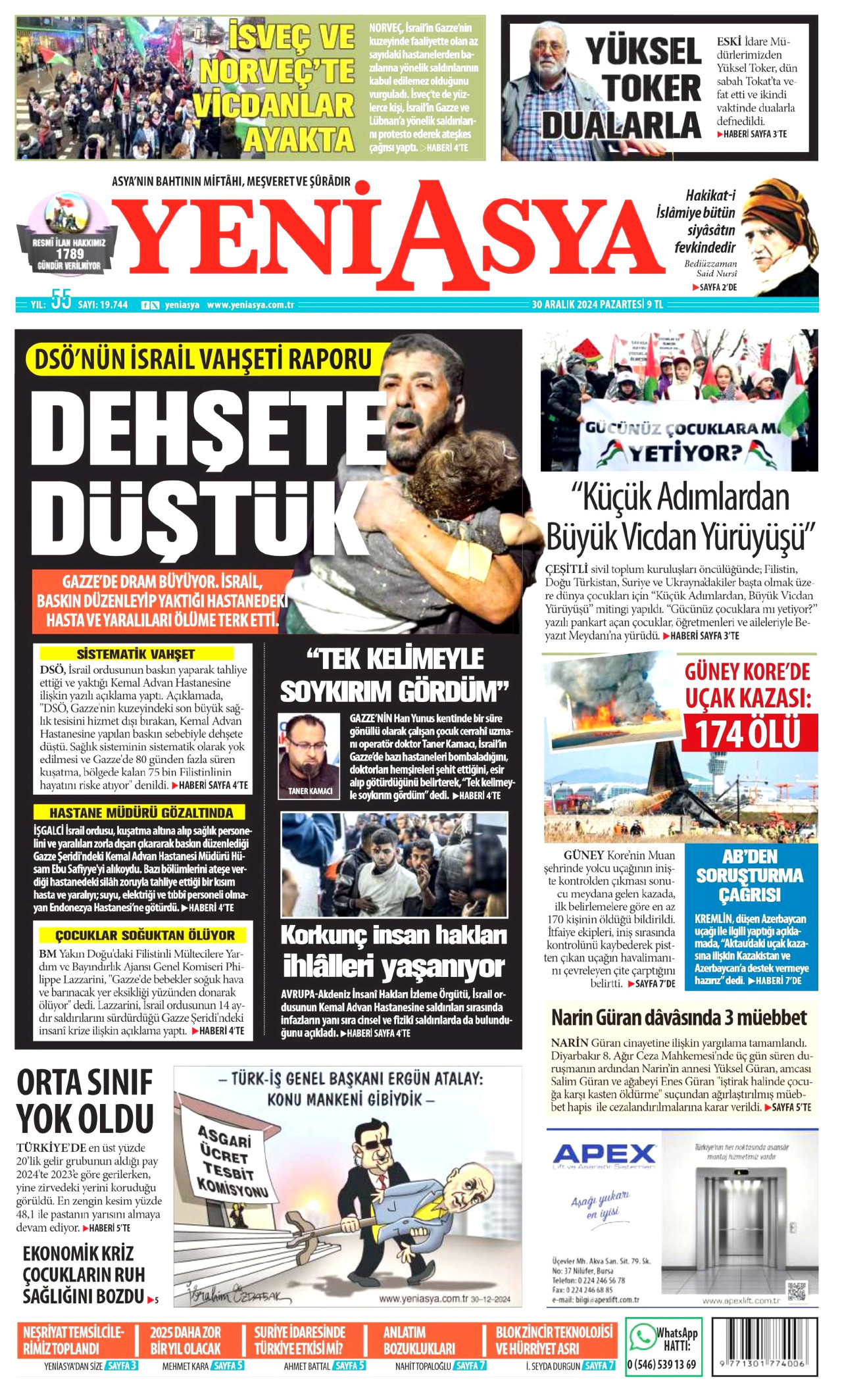 YENİ ASYA gazetesinin 30 Aralık 2024 tarihli birinci sayfası
