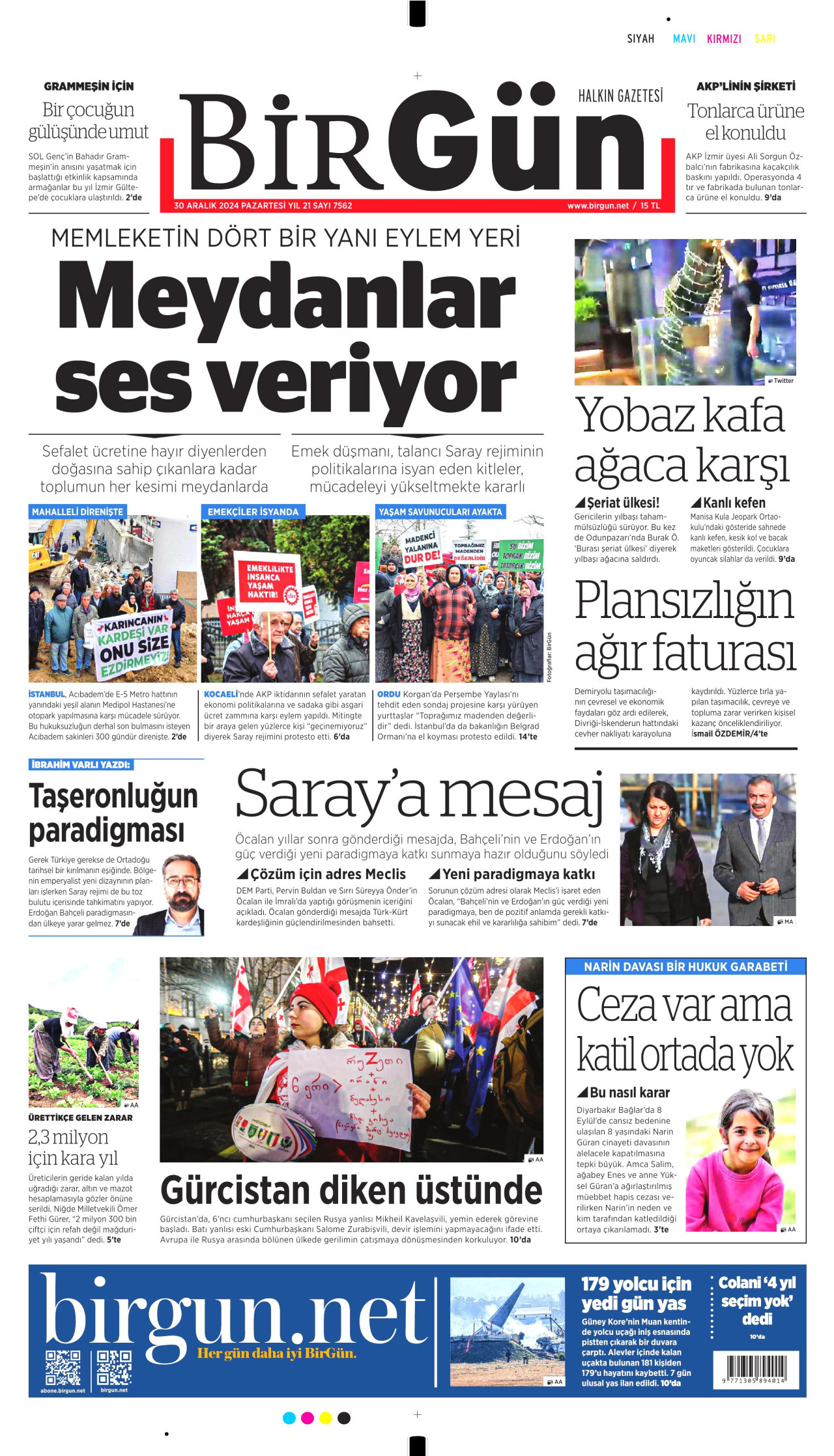 BİRGÜN gazetesinin 30 Aralık 2024 tarihli birinci sayfası