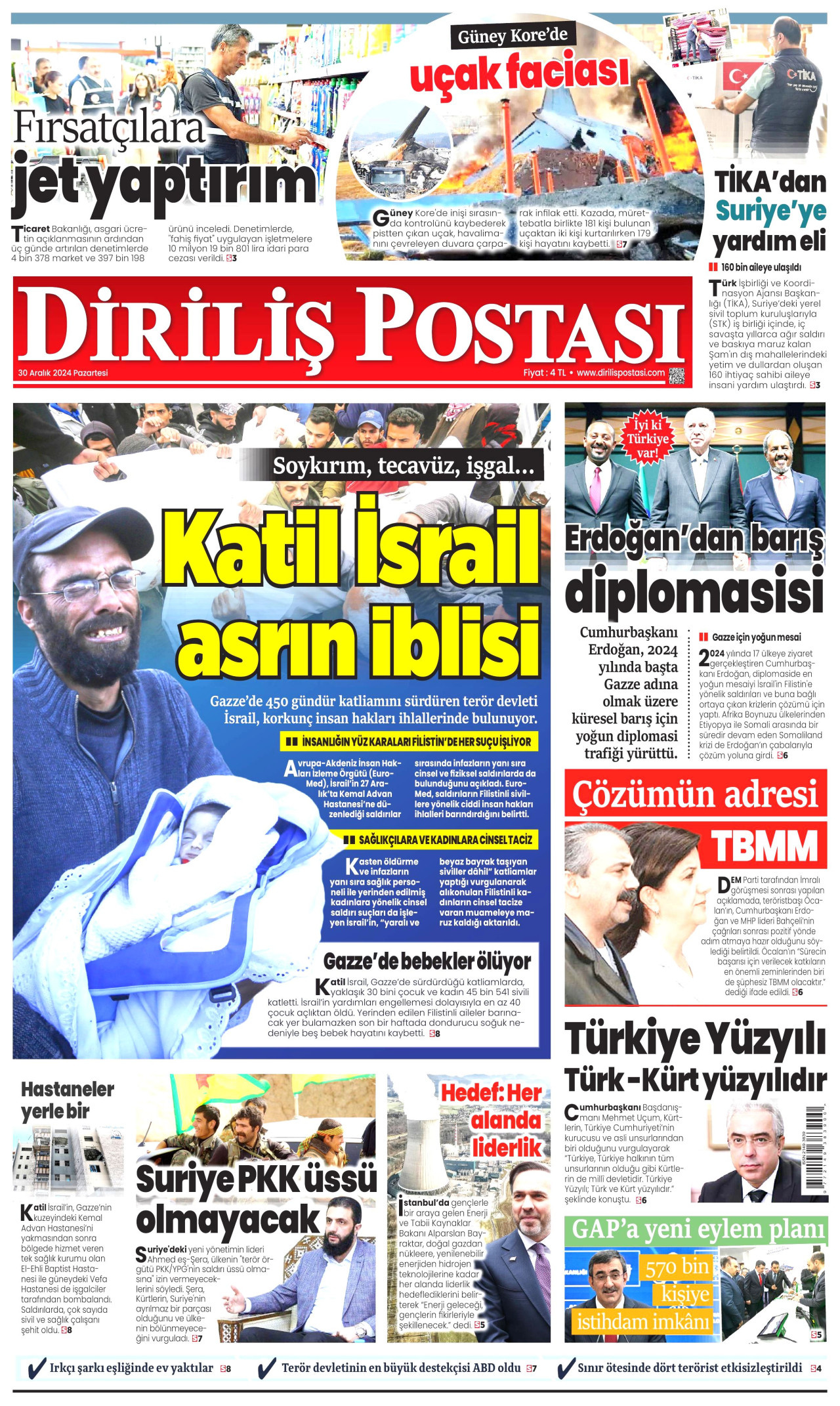 DİRİLİŞ POSTASI gazetesinin 30 Aralık 2024 tarihli birinci sayfası