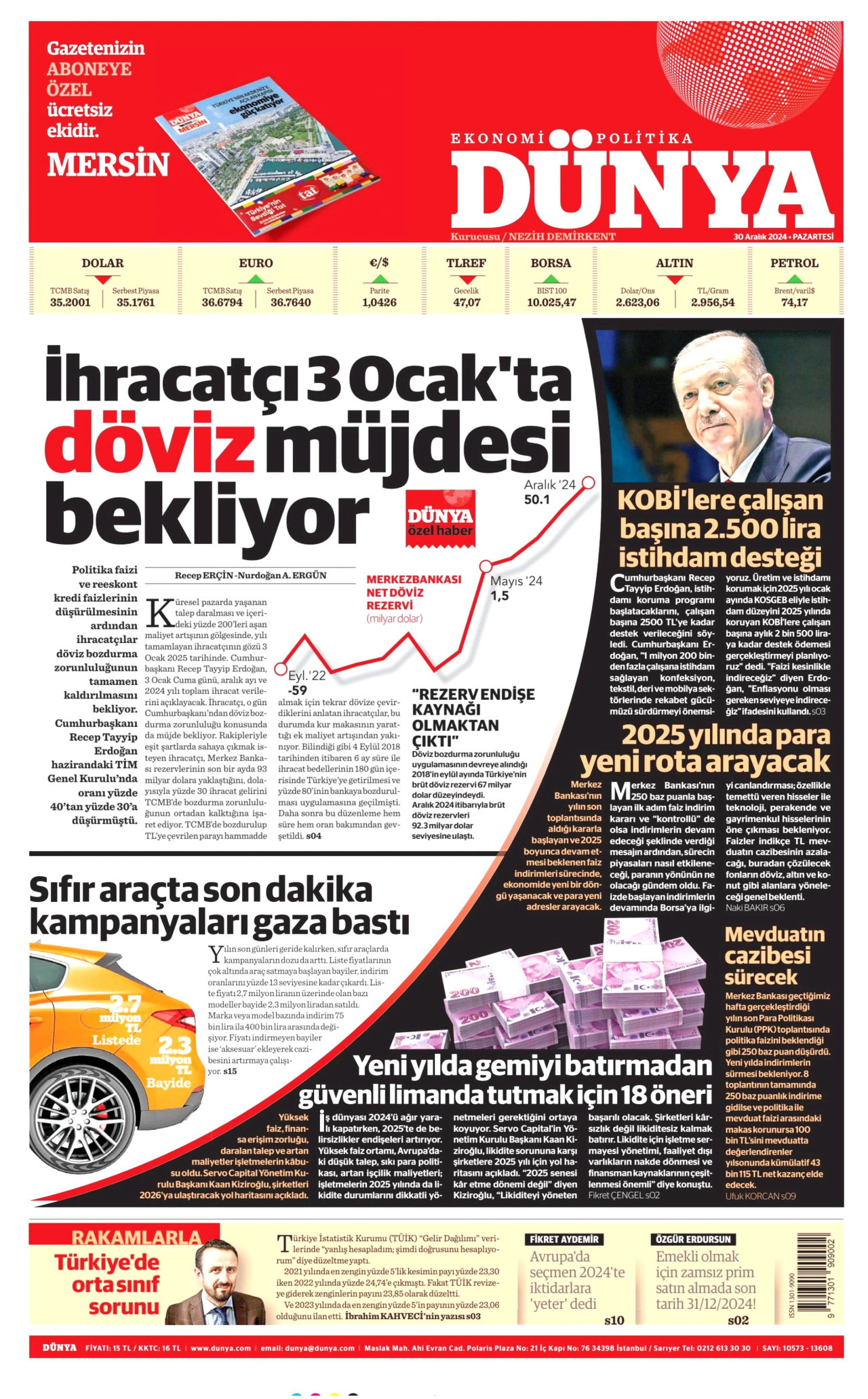 DÜNYA gazetesinin 30 Aralık 2024 tarihli birinci sayfası