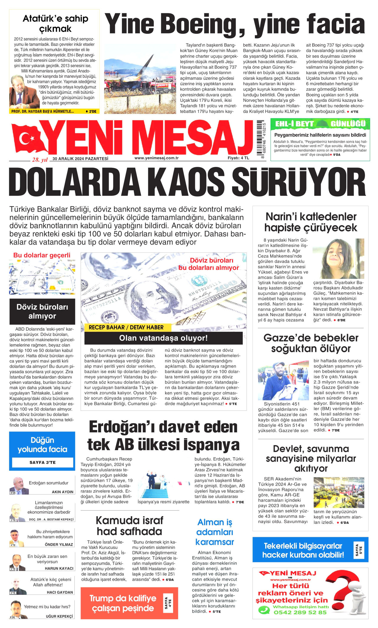 YENİ MESAJ gazetesinin 30 Aralık 2024 tarihli birinci sayfası