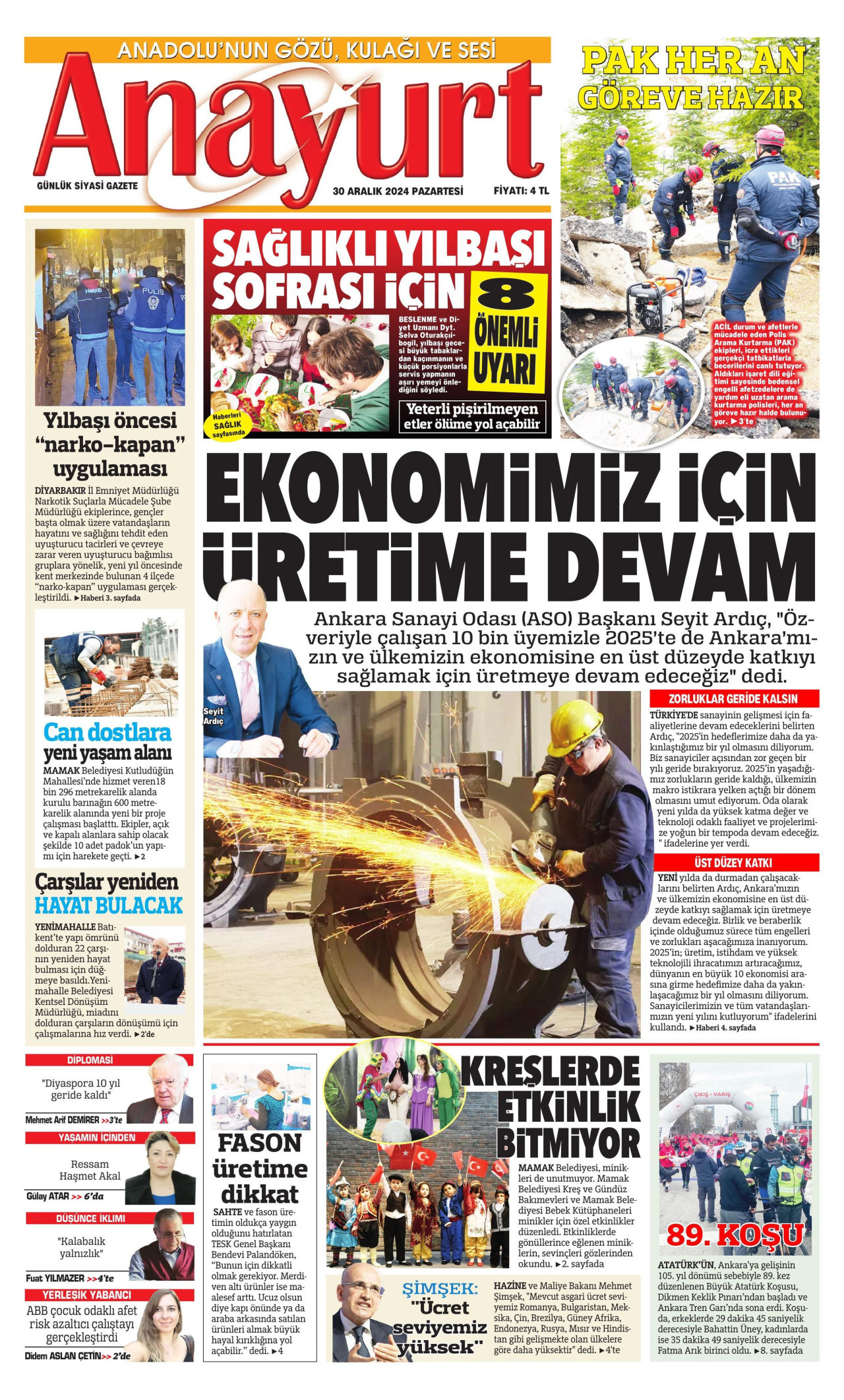 ANAYURT gazetesinin 30 Aralık 2024 tarihli birinci sayfası