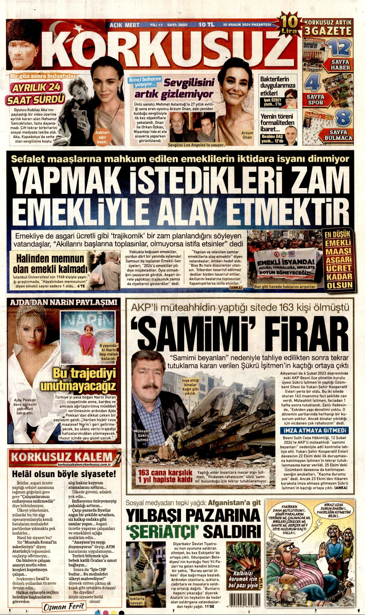 KORKUSUZ gazetesinin 30 Aralık 2024 tarihli birinci sayfası