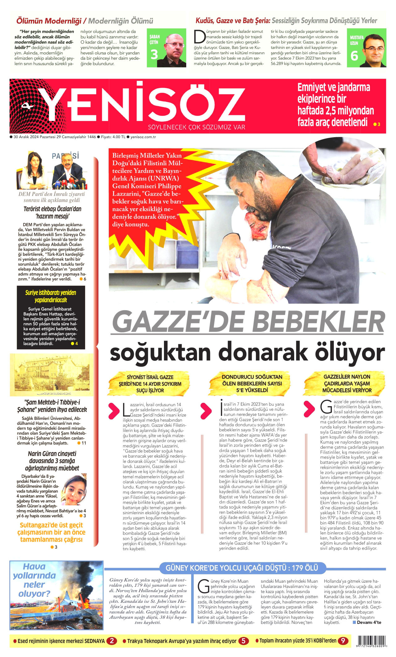 YENİ SÖZ GAZETESİ gazetesinin 30 Aralık 2024 tarihli birinci sayfası