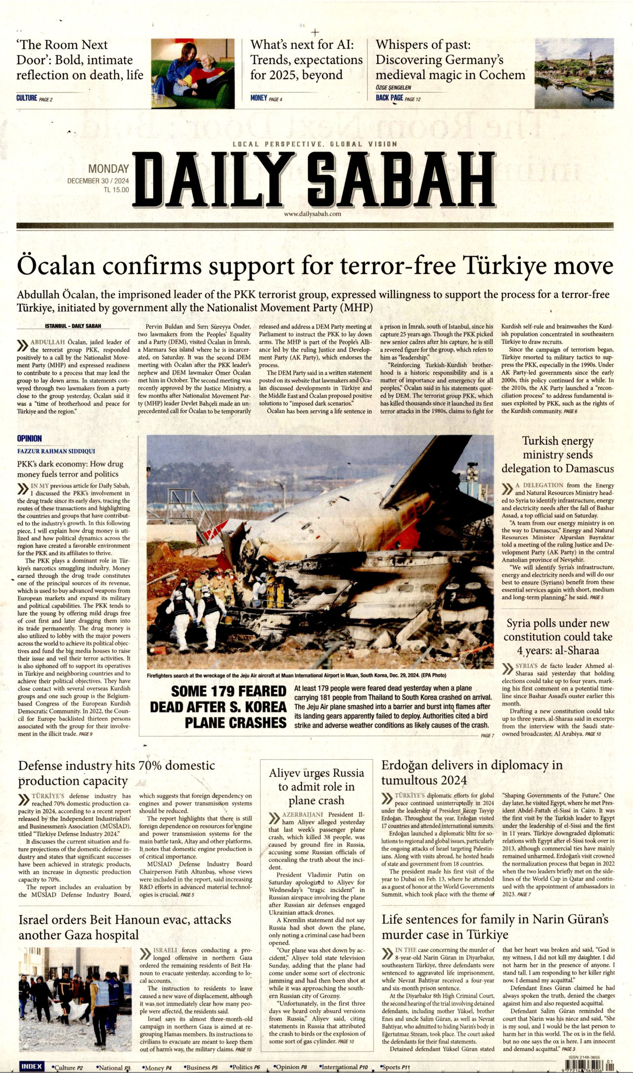 DAİLY SABAH gazetesinin 30 Aralık 2024 tarihli birinci sayfası