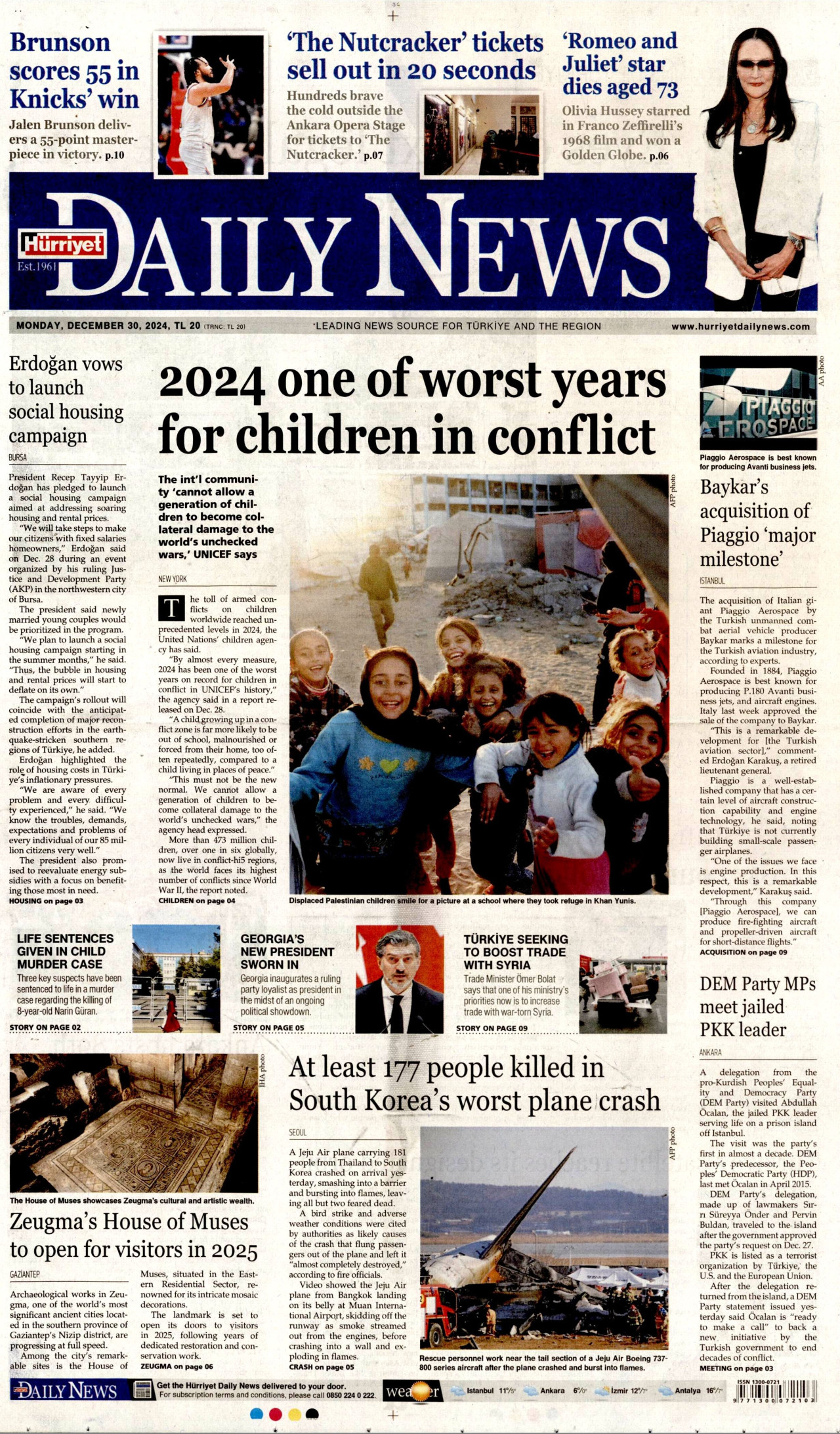 HÜRRİYET DAİLY NEWS gazetesinin 30 Aralık 2024 tarihli birinci sayfası