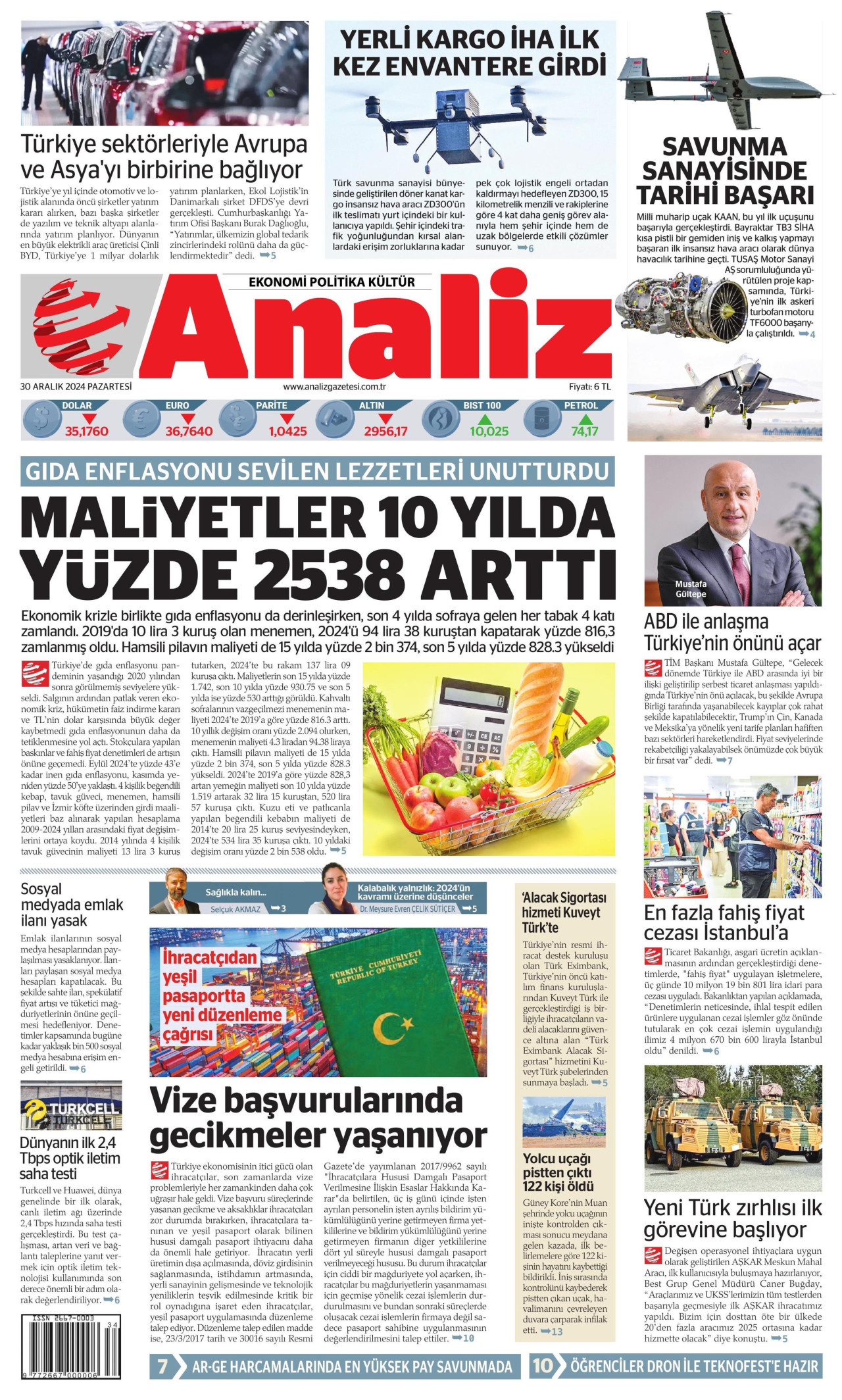 ANALİZ gazetesinin 30 Aralık 2024 tarihli birinci sayfası