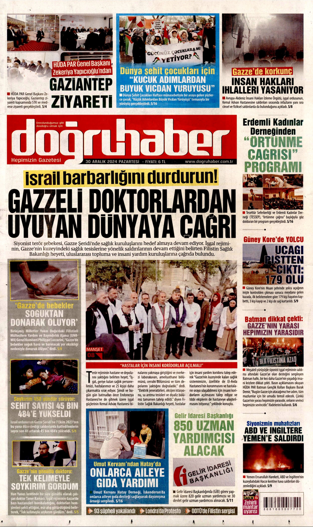 DOĞRU HABER gazetesinin 30 Aralık 2024 tarihli birinci sayfası