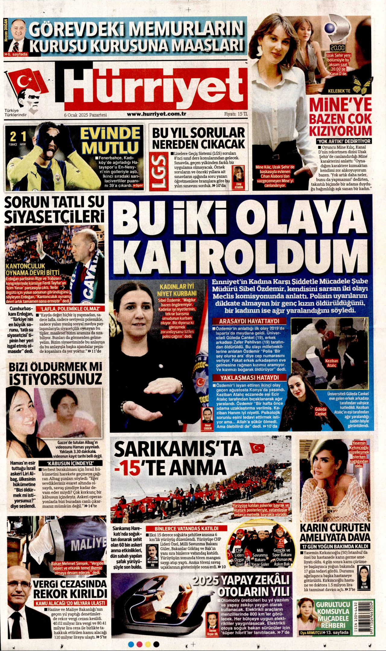 HÜRRİYET gazetesinin 6 Ocak 2025 tarihli birinci sayfası