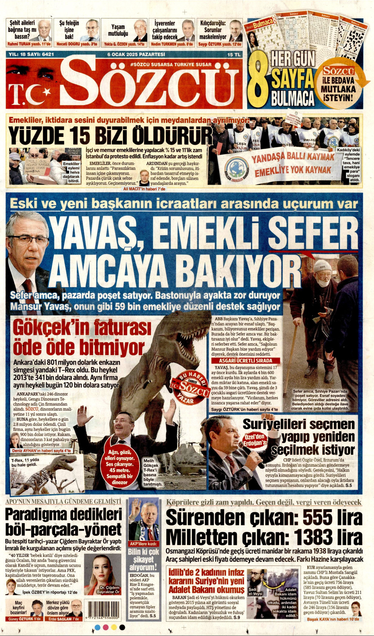 SÖZCÜ gazetesinin 6 Ocak 2025 tarihli birinci sayfası