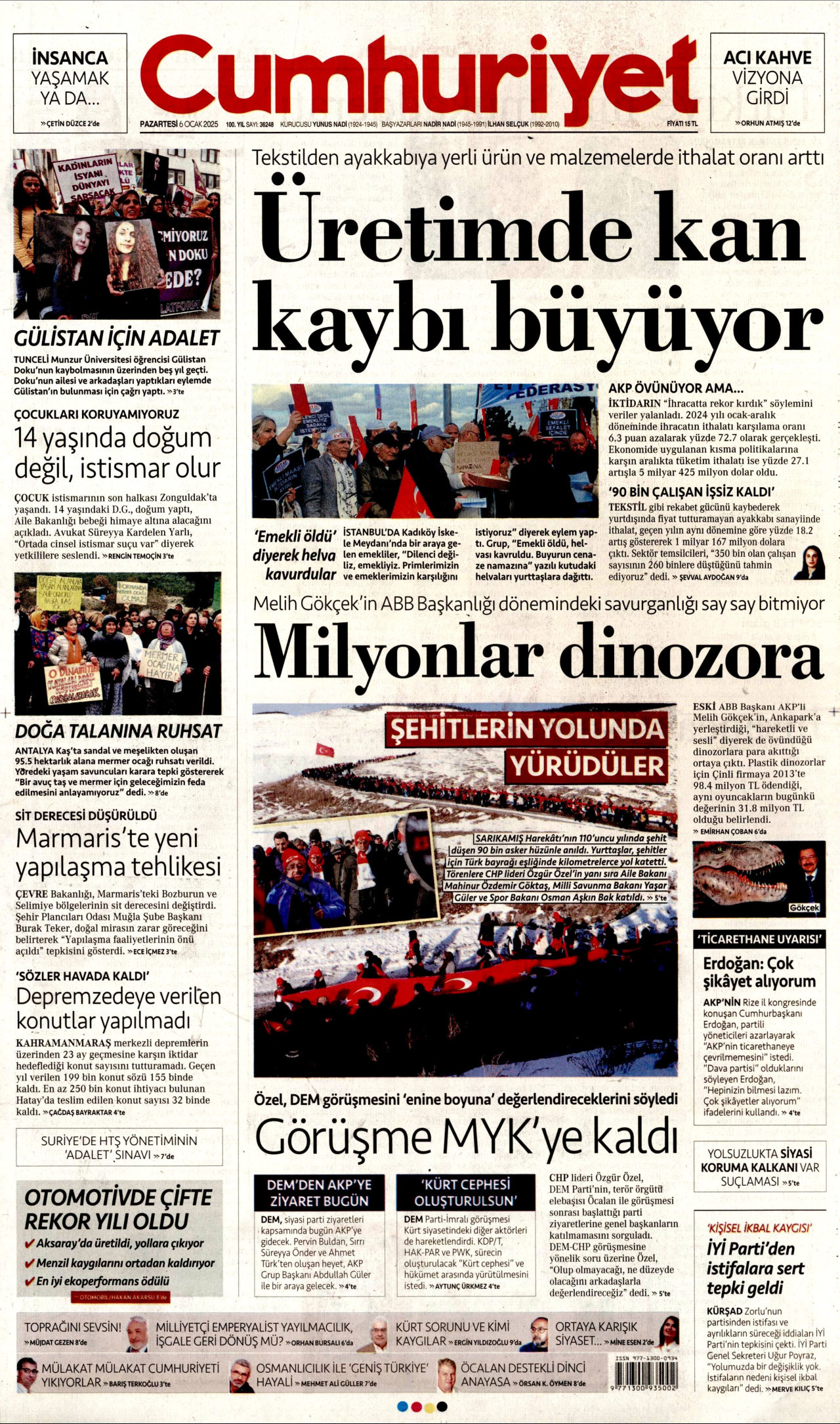 CUMHURİYET gazetesinin 6 Ocak 2025 tarihli birinci sayfası