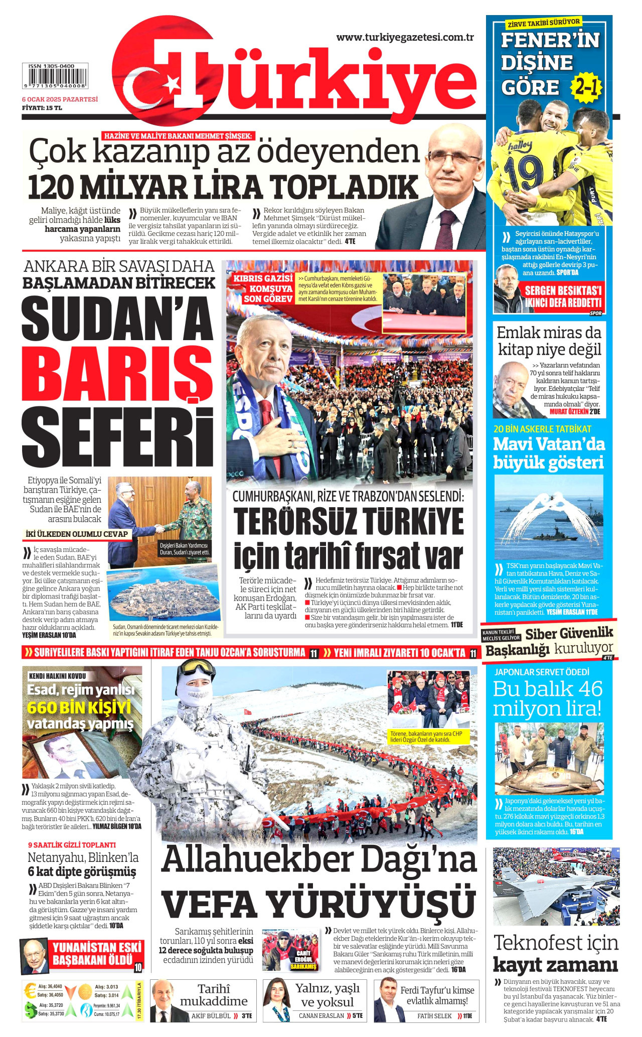 TÜRKİYE GAZETESİ gazetesinin 6 Ocak 2025 tarihli birinci sayfası