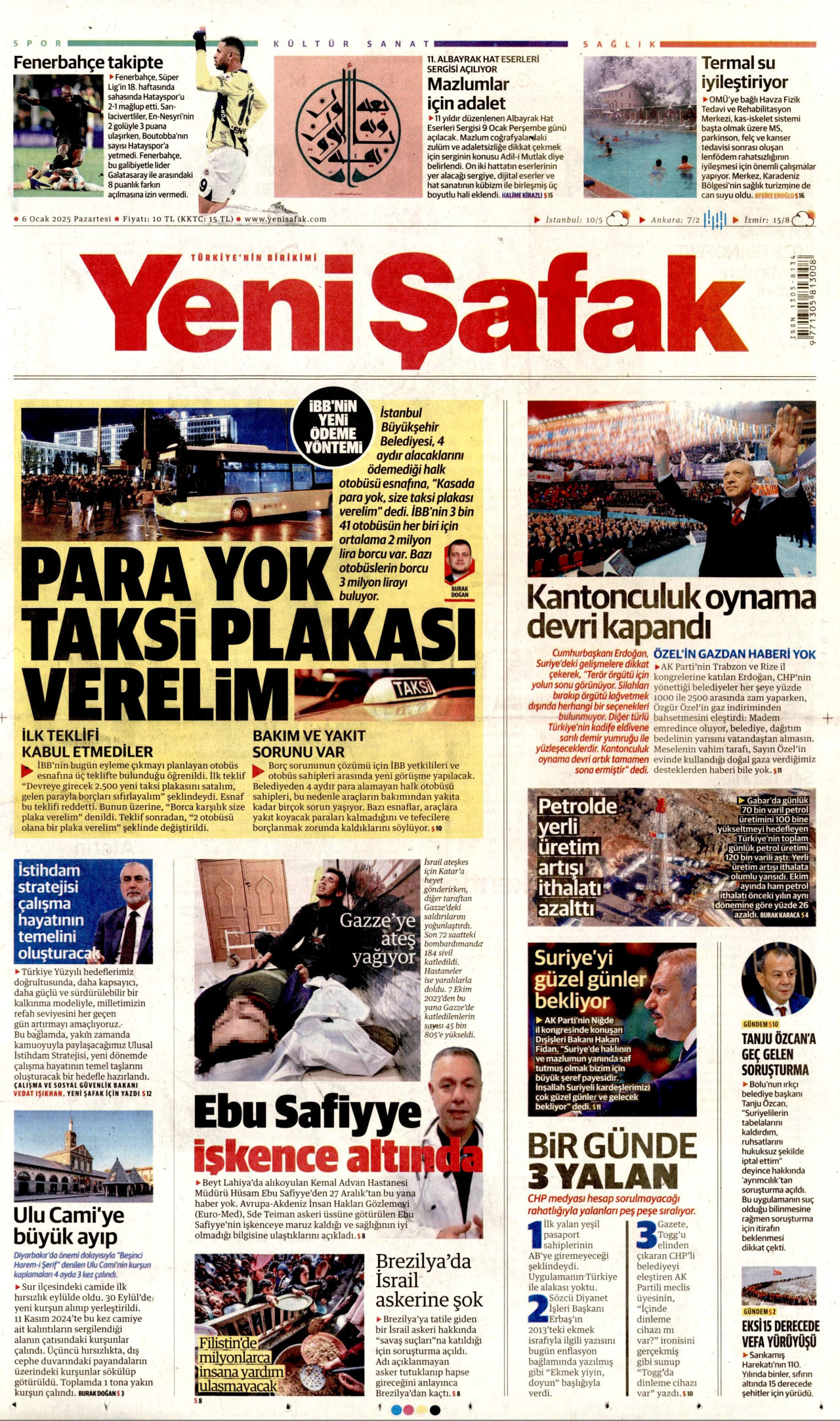 YENİ ŞAFAK gazetesinin 6 Ocak 2025 tarihli birinci sayfası