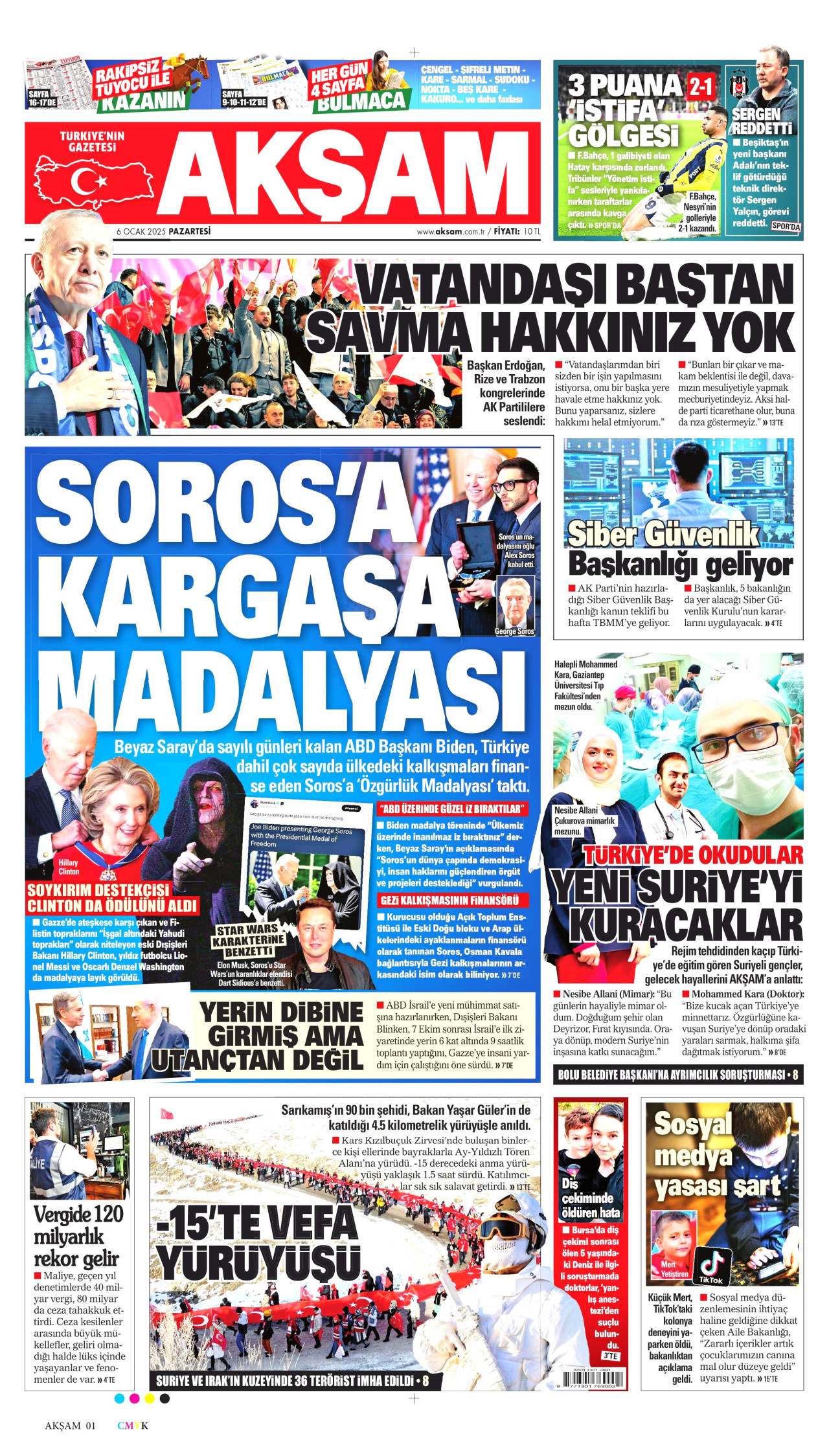 AKŞAM gazetesinin 6 Ocak 2025 tarihli birinci sayfası