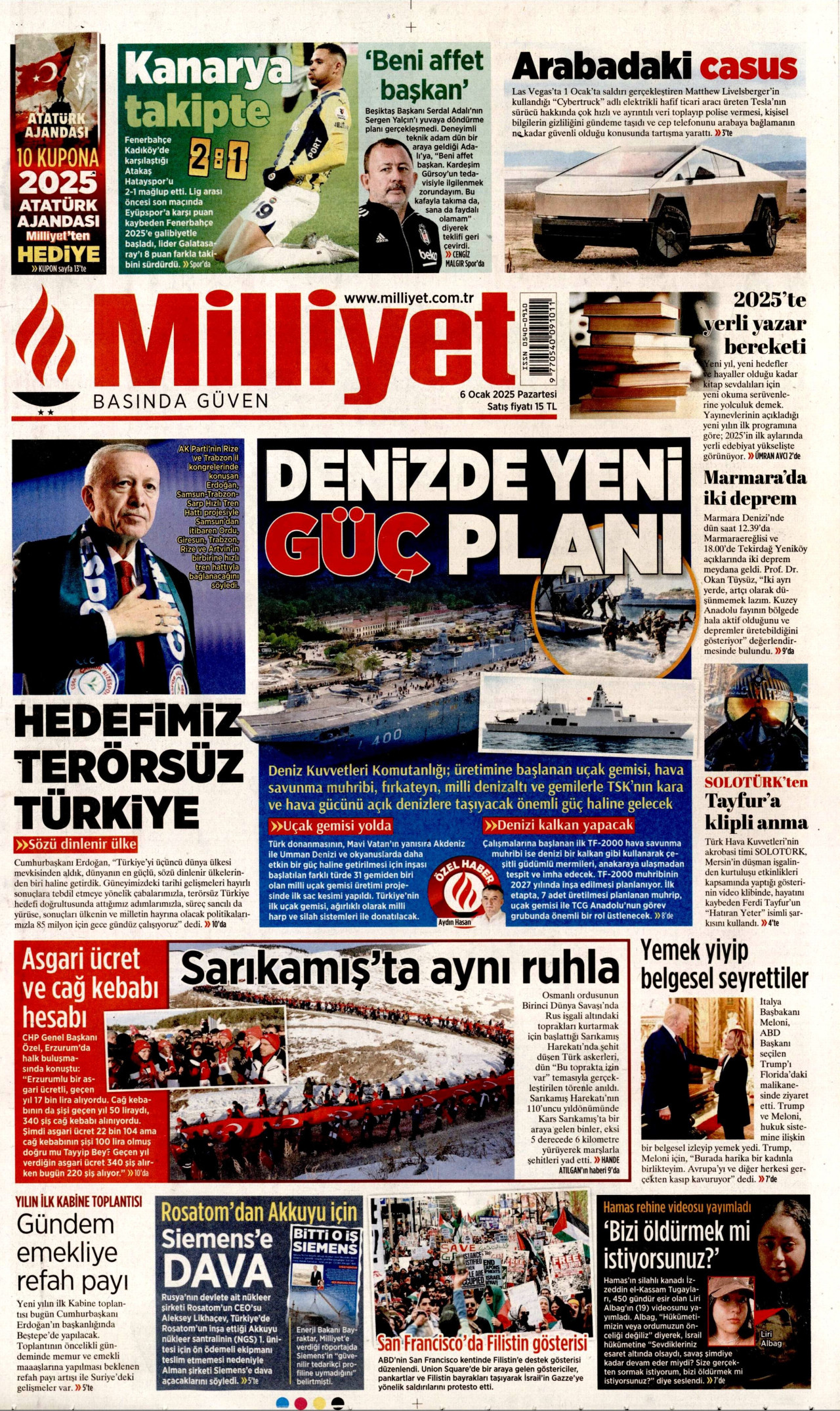 MİLLİYET gazetesinin 6 Ocak 2025 tarihli birinci sayfası