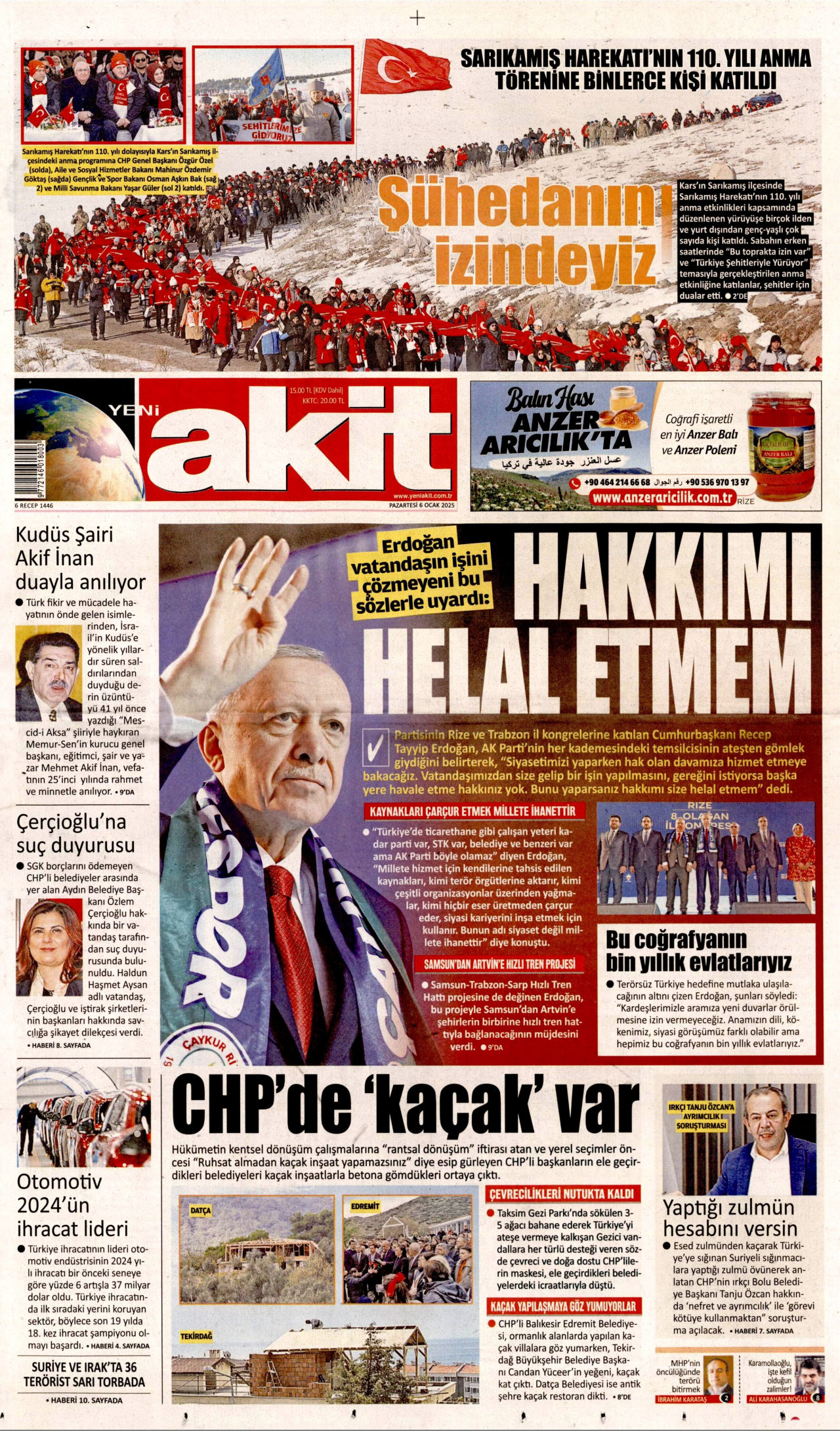 YENİ AKİT gazetesinin 6 Ocak 2025 tarihli birinci sayfası