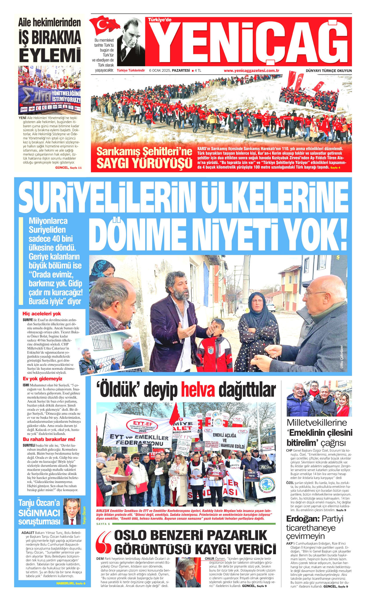 YENİÇAĞ gazetesinin 6 Ocak 2025 tarihli birinci sayfası
