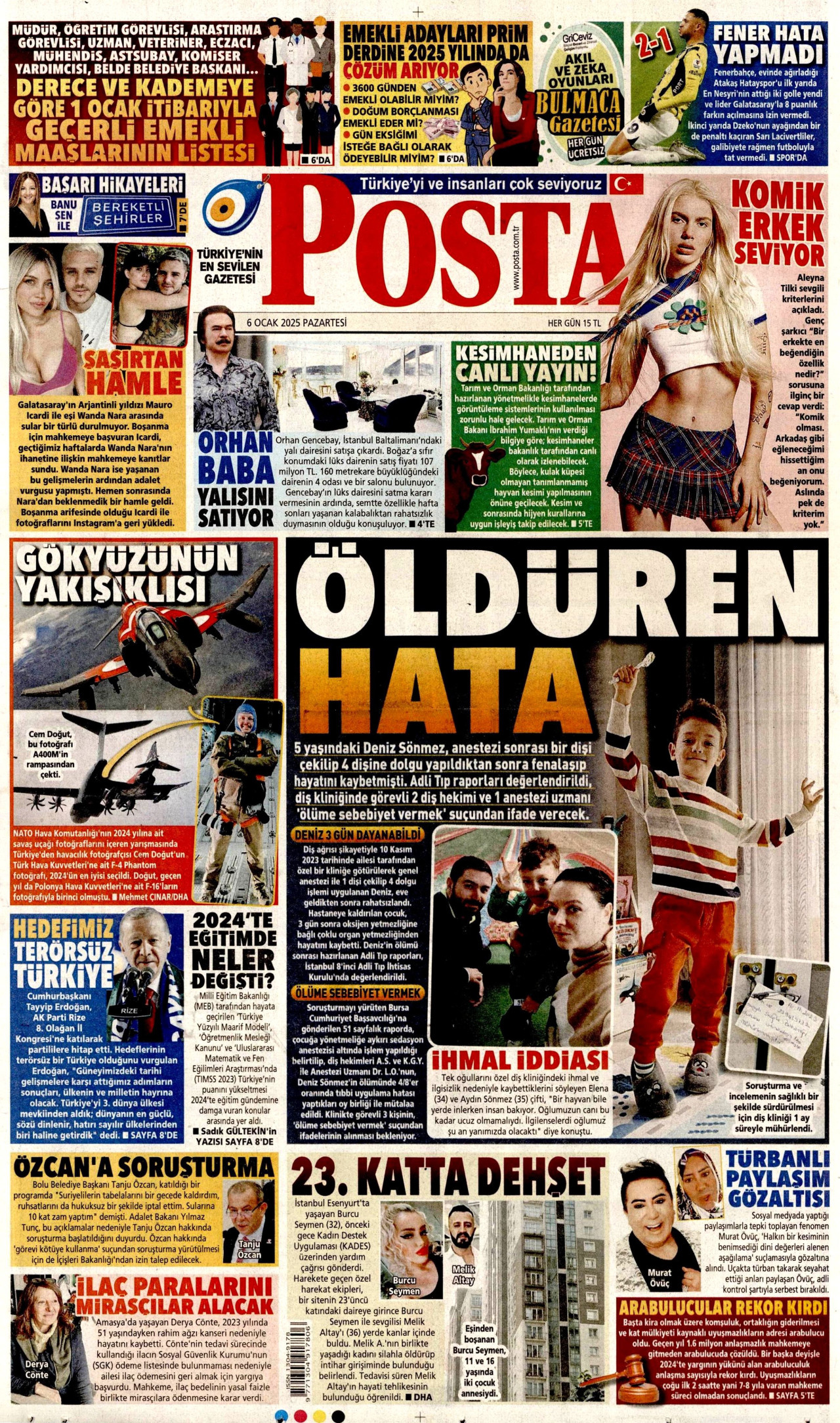 POSTA gazetesinin 6 Ocak 2025 tarihli birinci sayfası