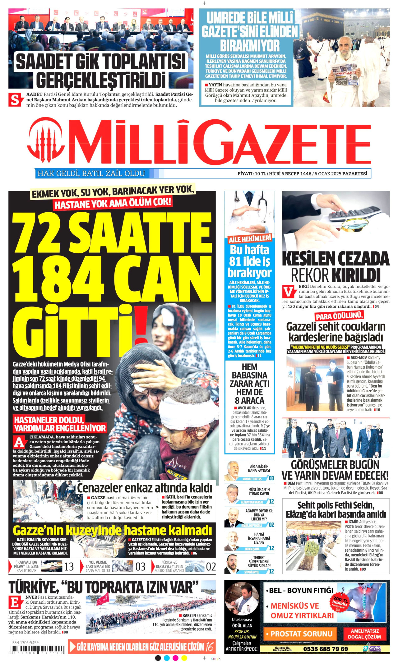 MİLLİ GAZETE gazetesinin 6 Ocak 2025 tarihli birinci sayfası