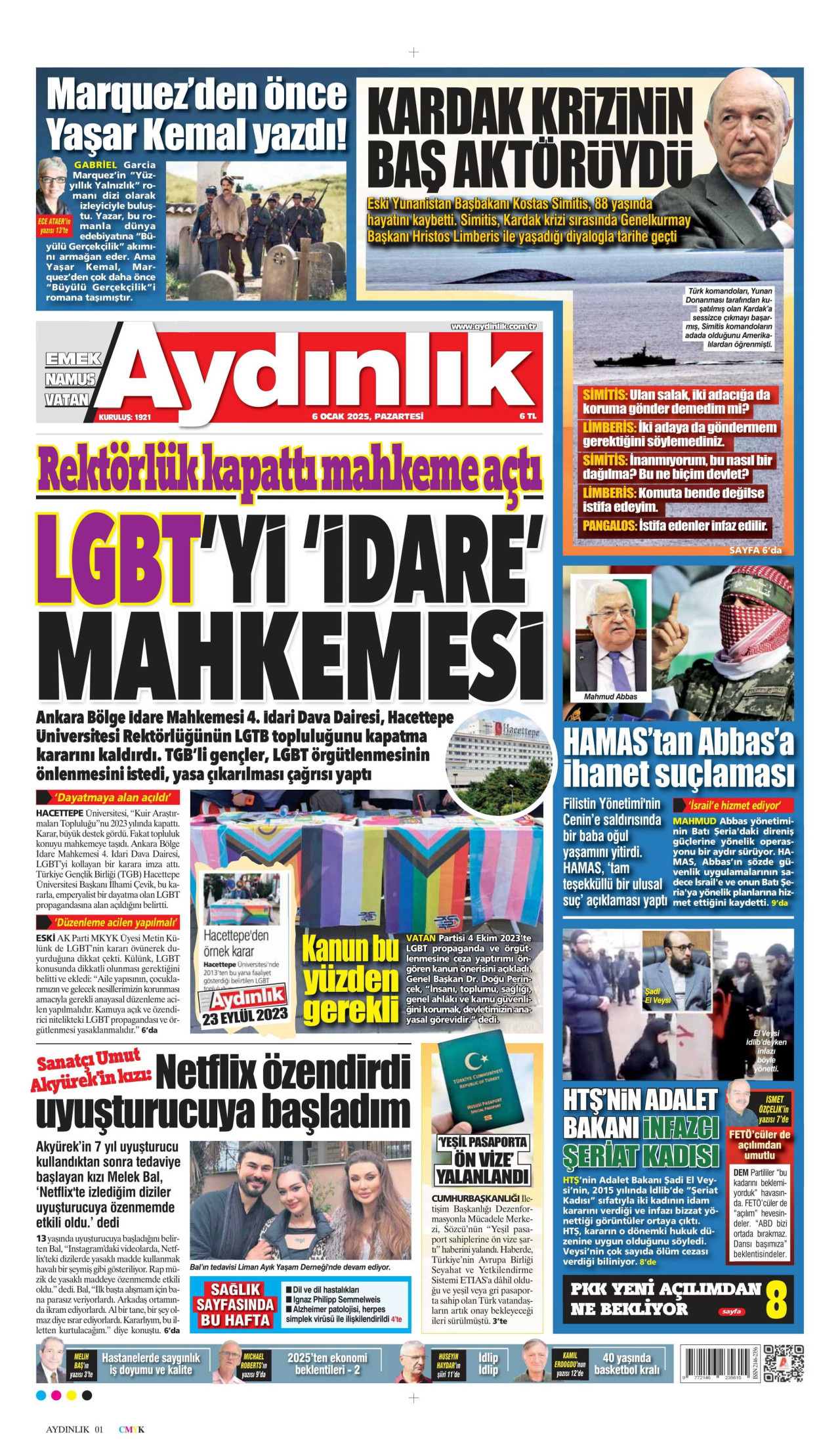 AYDINLIK GAZETESİ gazetesinin 6 Ocak 2025 tarihli birinci sayfası