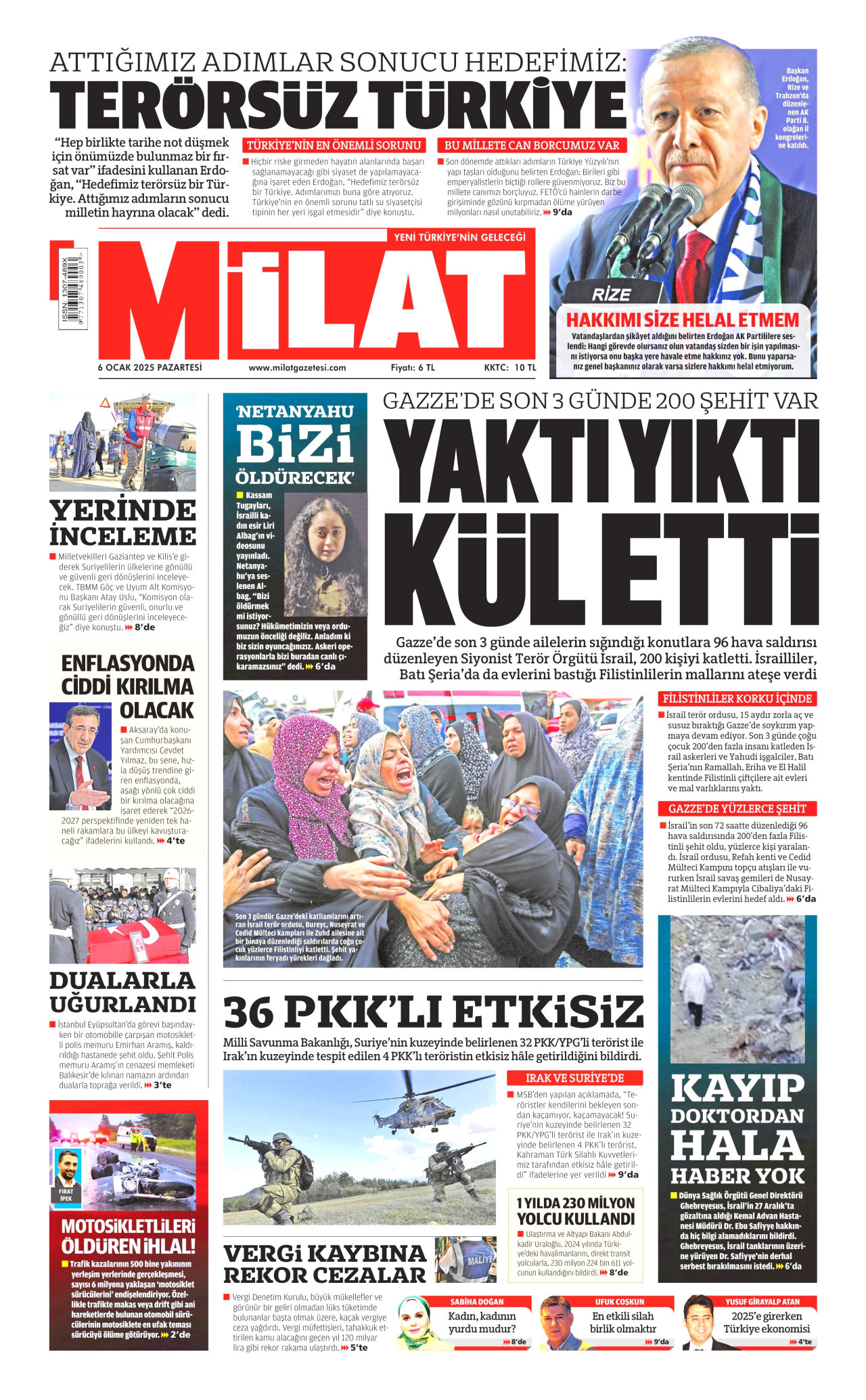 MİLAT gazetesinin 6 Ocak 2025 tarihli birinci sayfası